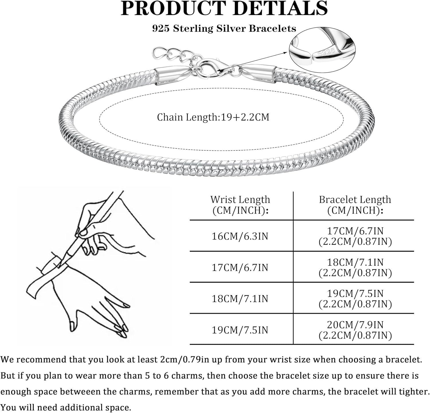 Adramata Women's Bracelet 925 Silver Lobster Clasp DIY Bracelet with Charms Adjustable Bracelet Charm Bracelet Snake Chain Bracelets for Women Men Silver Bracelet Jewellery Gifts with Box 19 + 2.2 cm