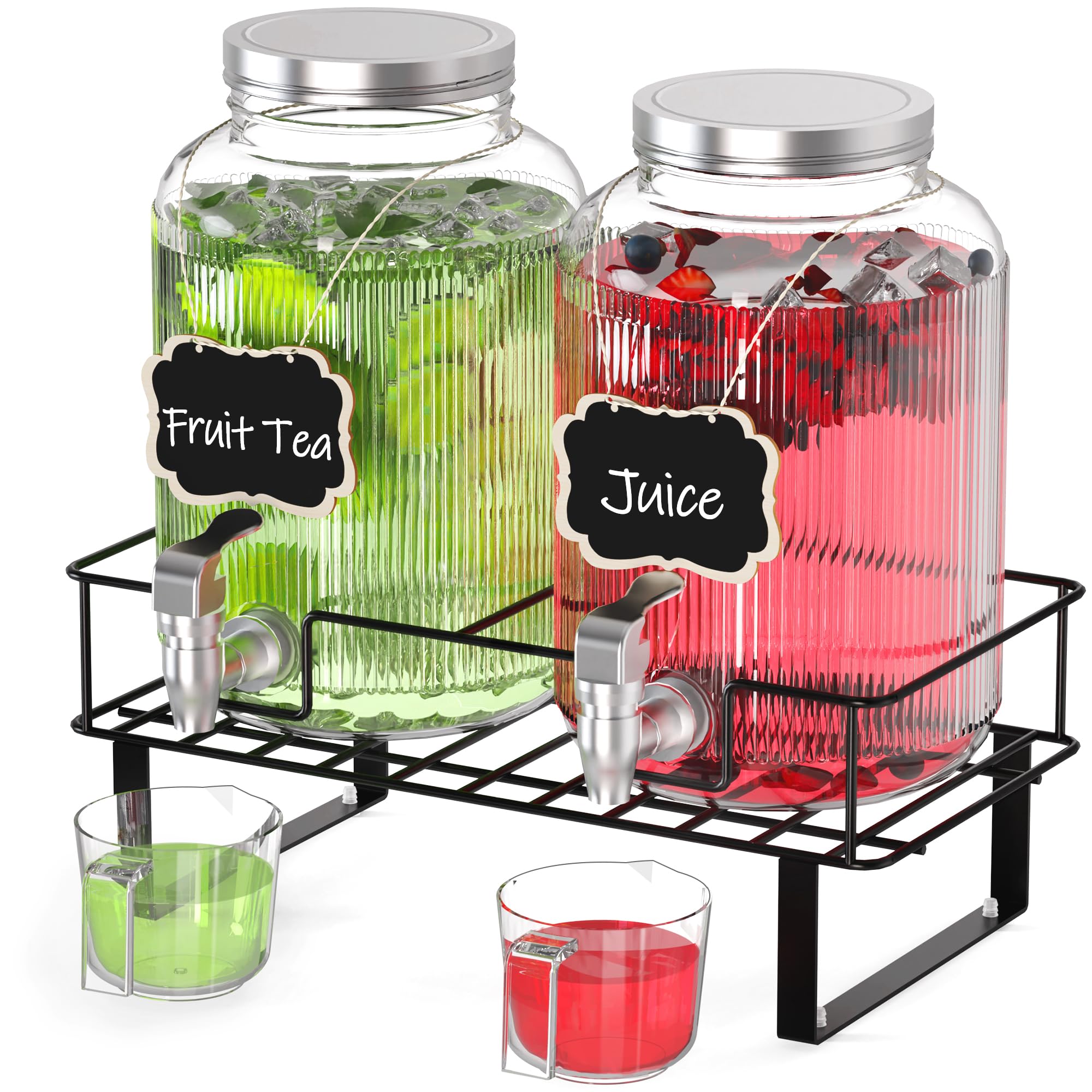 Dispensador de bebidas de vidrio con grifo, dispensador de bebidas de 4 litros con soporte de metal, dispensador de agua para zumos, té helado, cócteles, fiestas, bodas