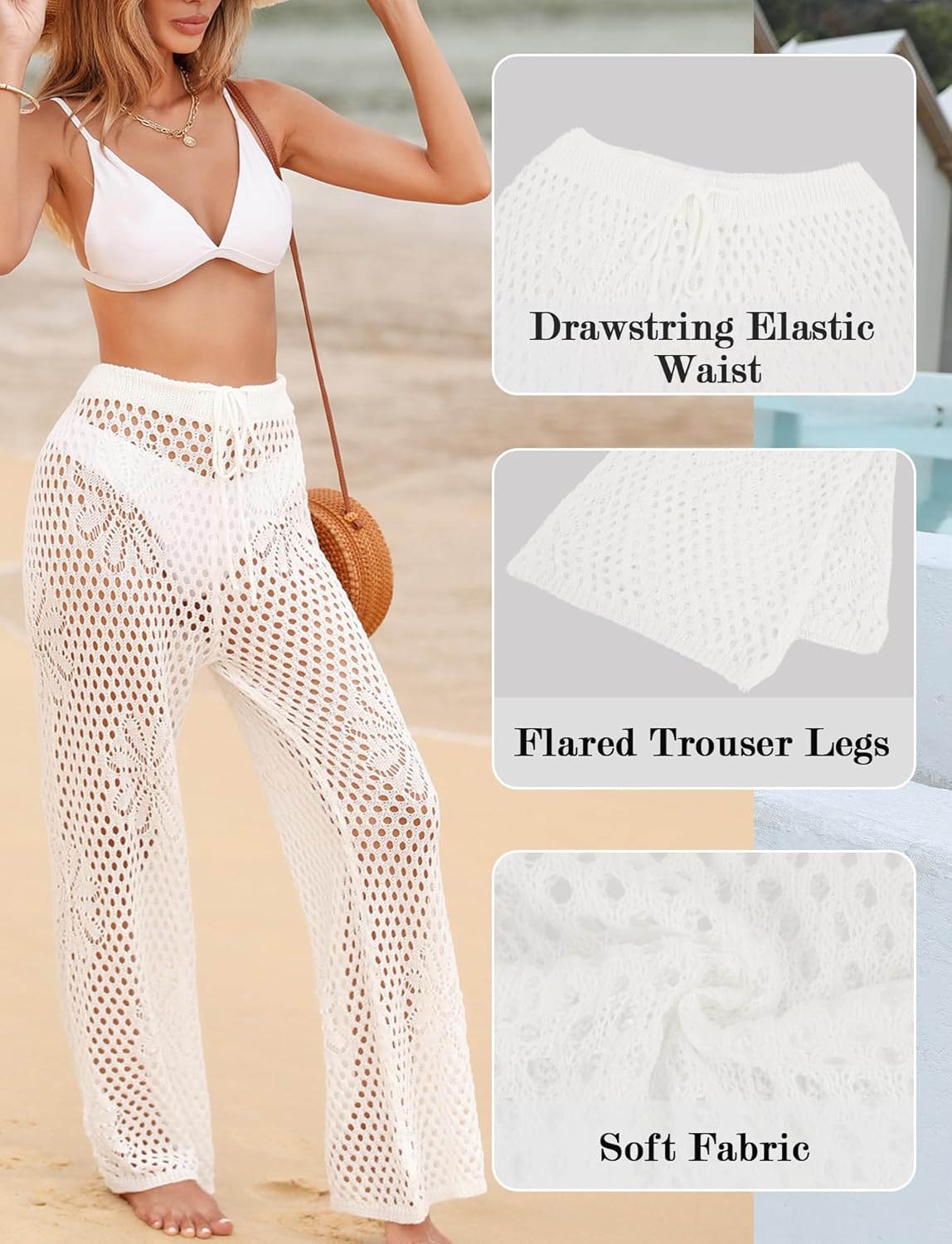 FEOYA Women’s Crochet Swimsuit Cover Up Pants Knitted Sheer High Waist Pants with Drawstring