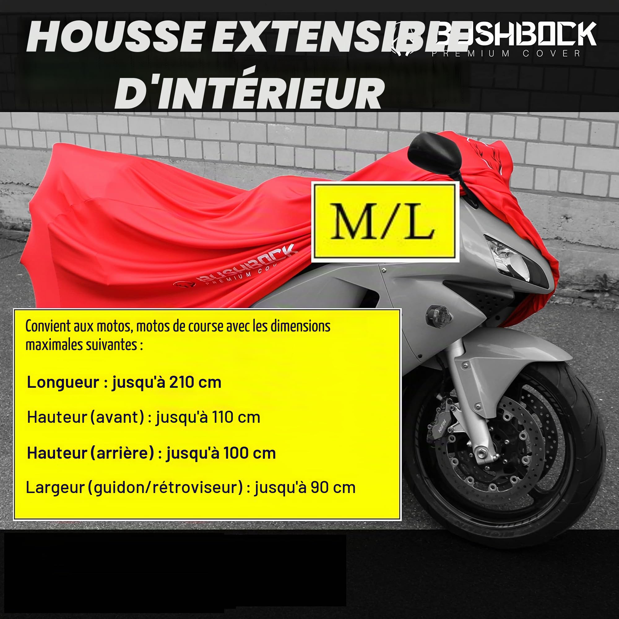 BUSHBOCK Premium Bâche BUSHBOCK® Premium Bâche d'intérieur pour Moto, Protection Contre la poussière, Tissu élastique en Velours Respirant (ML, Rouge)