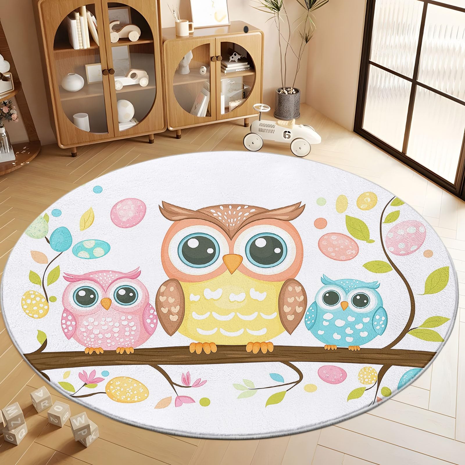 Runde Teppiche 100 cm Teppich, Cartoon Tier Eule Bedruckte Dekorteppiche, Cartoonstil rutschfeste Runde Teppiche, Waschbar Runde Teppiche für Wohnzimmer, Schlafzimmer