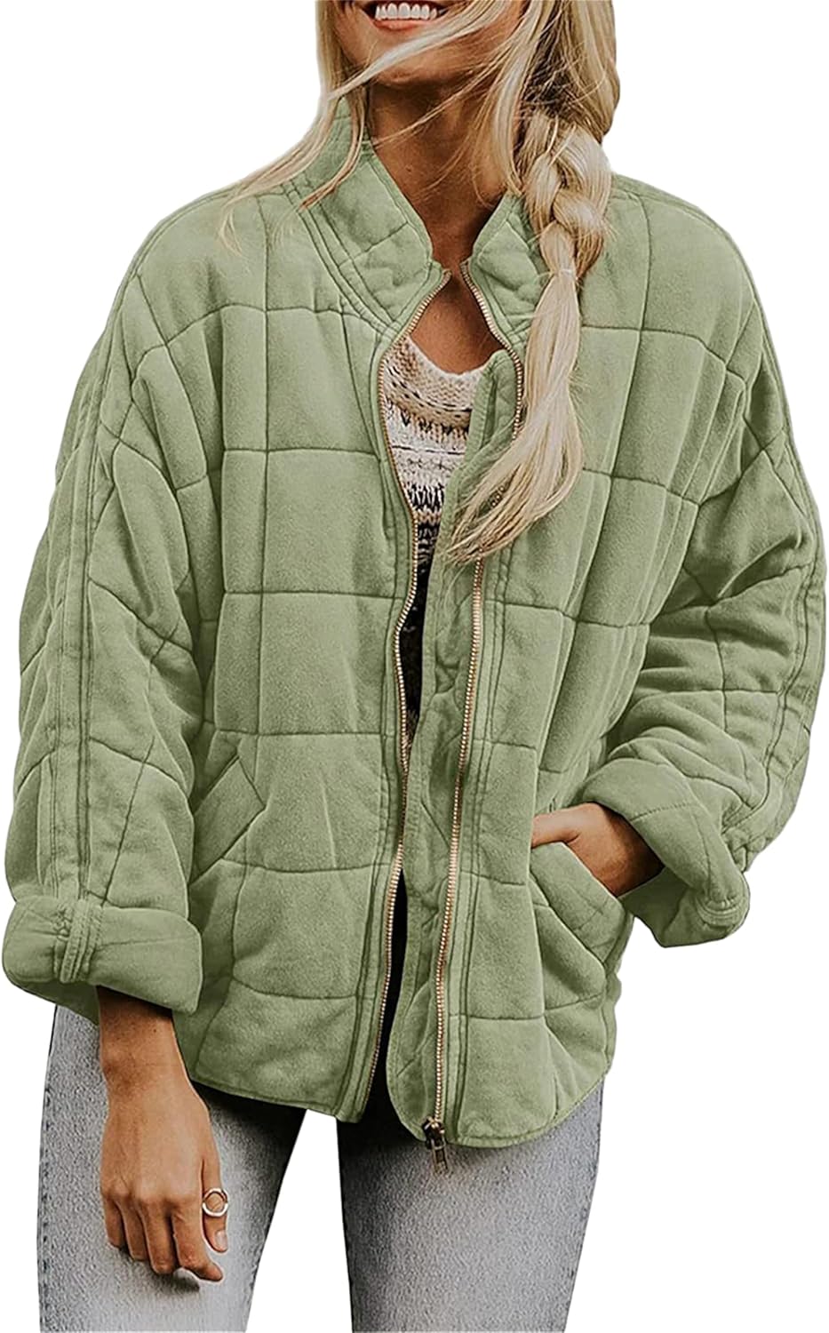 Women's Warm Puffer Jackets Full-Zip Lightweight Solid Padded Coat Quilted Long Sleeve Jackets