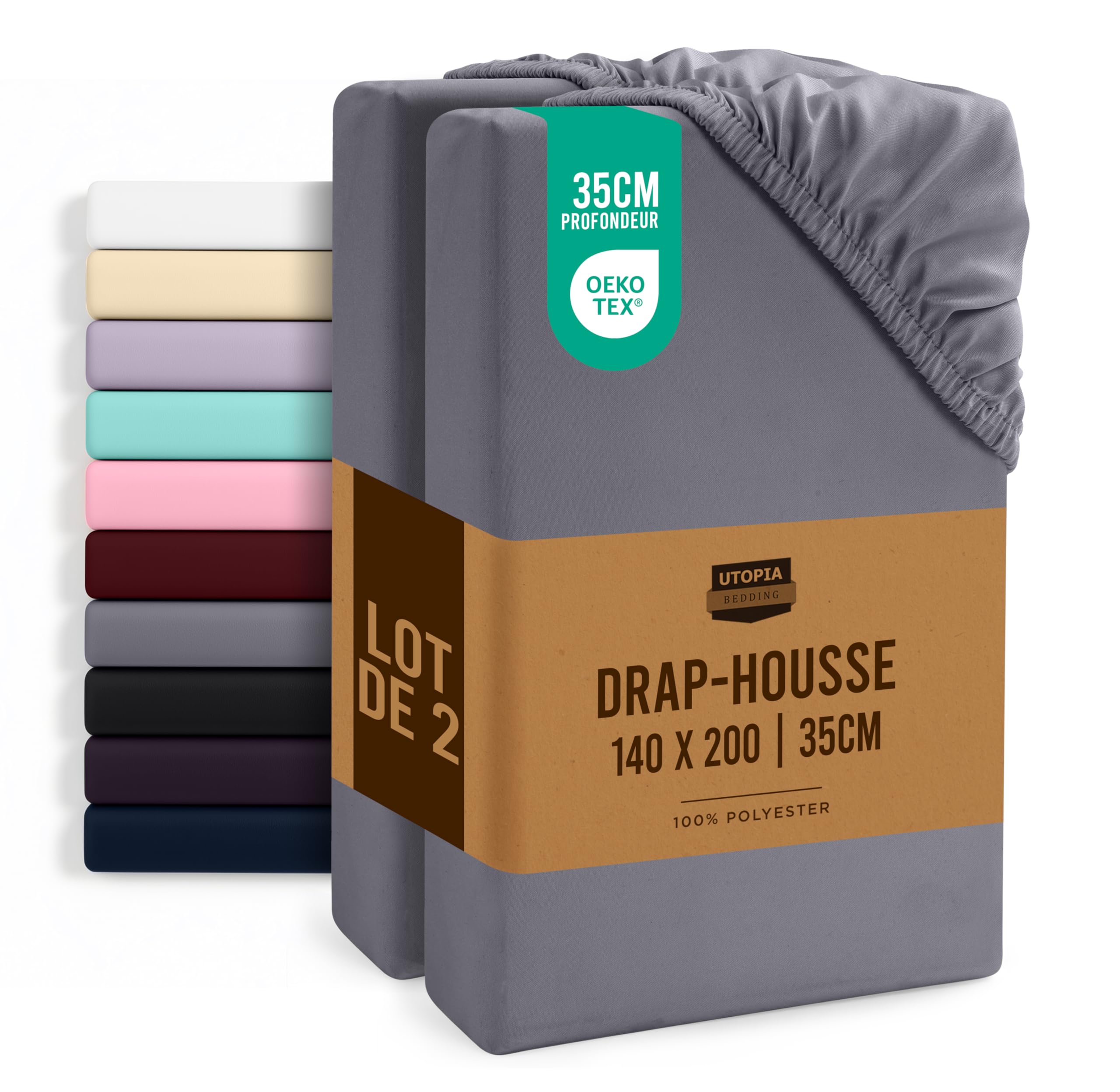 Utopia Bedding Set of 2 Fitted Sheet - Grey, 140 x 200 cm - 35 cm Cuts for Thick Mattresses, Brushed Microfibre