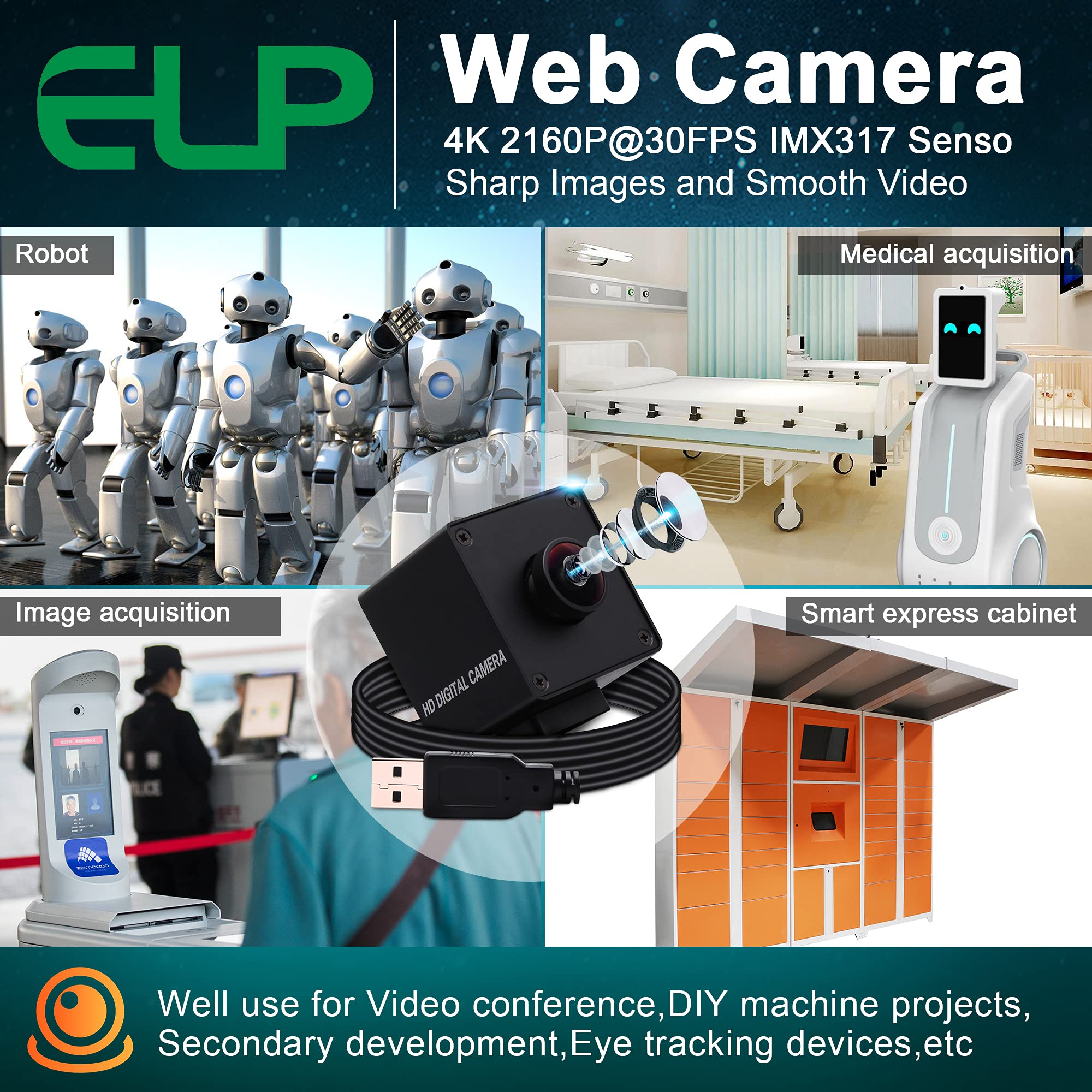 ELP Webcam 4K, Ultra HD, gran angular 30 fps, cámara web para PC, con objetivo de 170 grados, sensor IMX317, mini cámara UVC, cámara web OTG, para Mac/Windows/Linux/Raspberry Pi USB4KHDR01-KL170