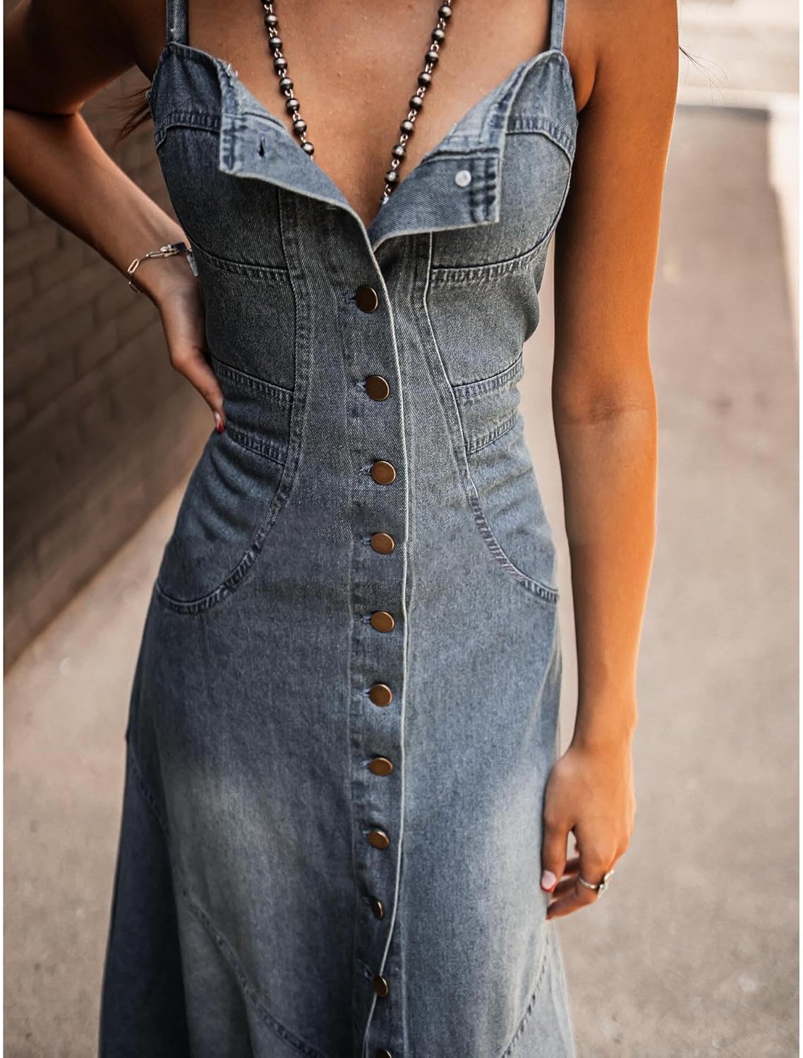 SOMTHRON Women's Spaghetti Strap Button Down Denim Dress Smocked A-Line Washed Bodycon Maxi Jean Dress - Image 6