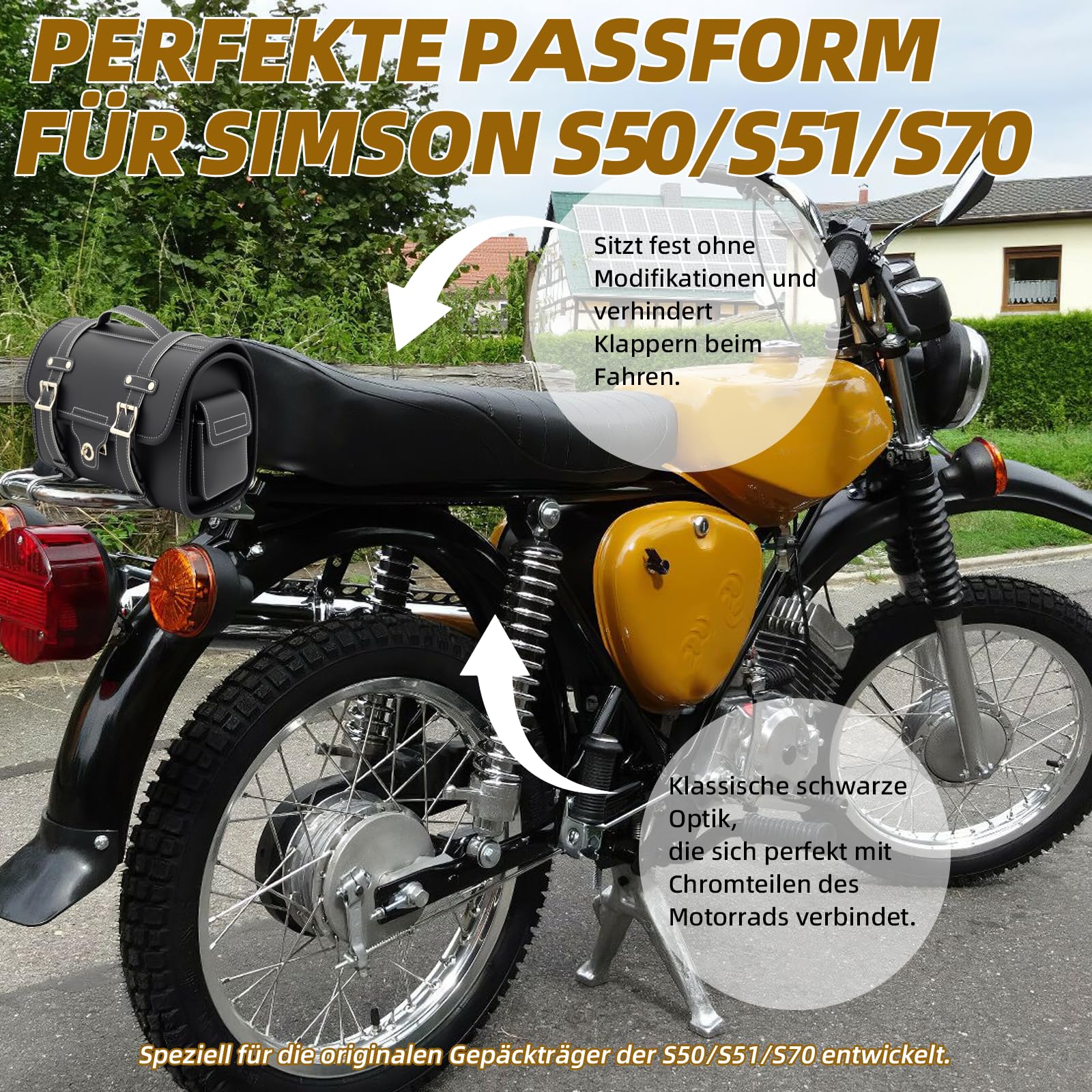 kleine Leder-Hecktasche mit Schnellverschluss, Gepäckträgertasche, schwarz, passend für Simson S50, S51, S70