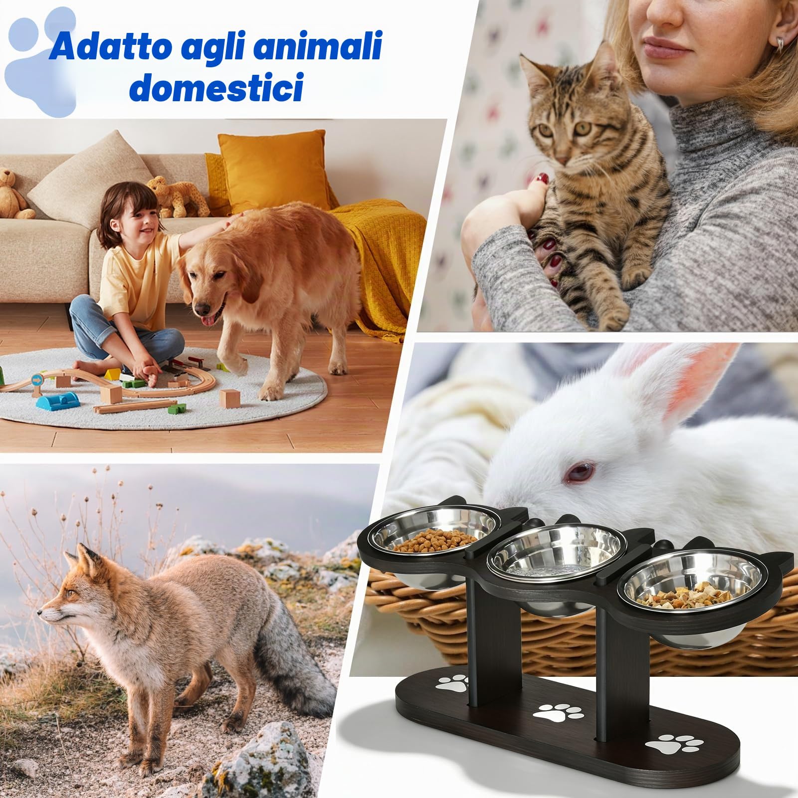 Ciotola per gatti rialzata, stazione di alimentazione con 3 ciotole in acciaio inox e supporto in legno, ciotola per gatti, inclinabile a 15°, ciotola per gatti in legno 3-in-1, stazione di