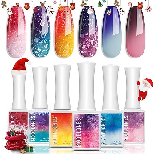 modelones Color Changing Gel Nail Polish, 6 Colors Orange Blue Purple Pink Neon Mood Temperature Change Christmas Gel Polish Set Soak Off DIY Home Nail Art Gift