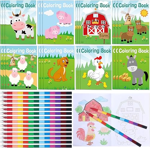 24 piezas de libro para colorear de animales de granja con 24 crayones de arco iris, simple, divertido, lindo, pollito, cerdo, vaca, oveja, granja,