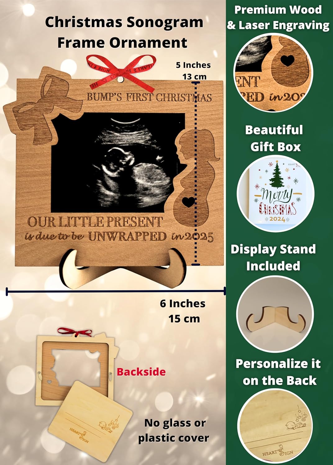 Heart's Sign Bump's First Christmas Pregnancy Ornament 2025 | Mom to Be Gift | Christmas Pregnancy Announcement Sonogram