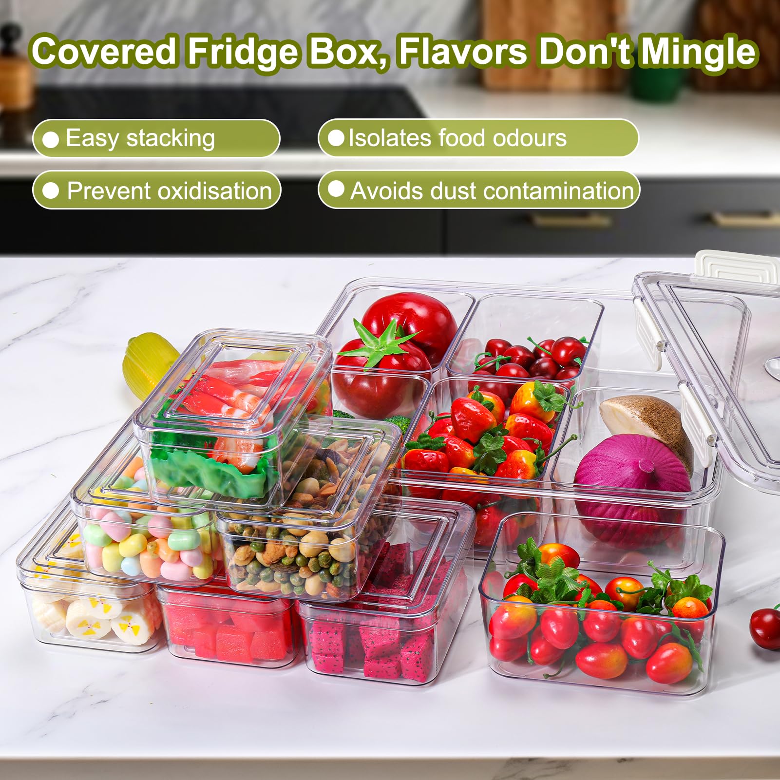 AIERSA Organizadores y almacenamiento de refrigerador, contenedores de almacenamiento de frutas y verduras para nevera, contenedores apilables para organización de alimentos, contenedor grande para