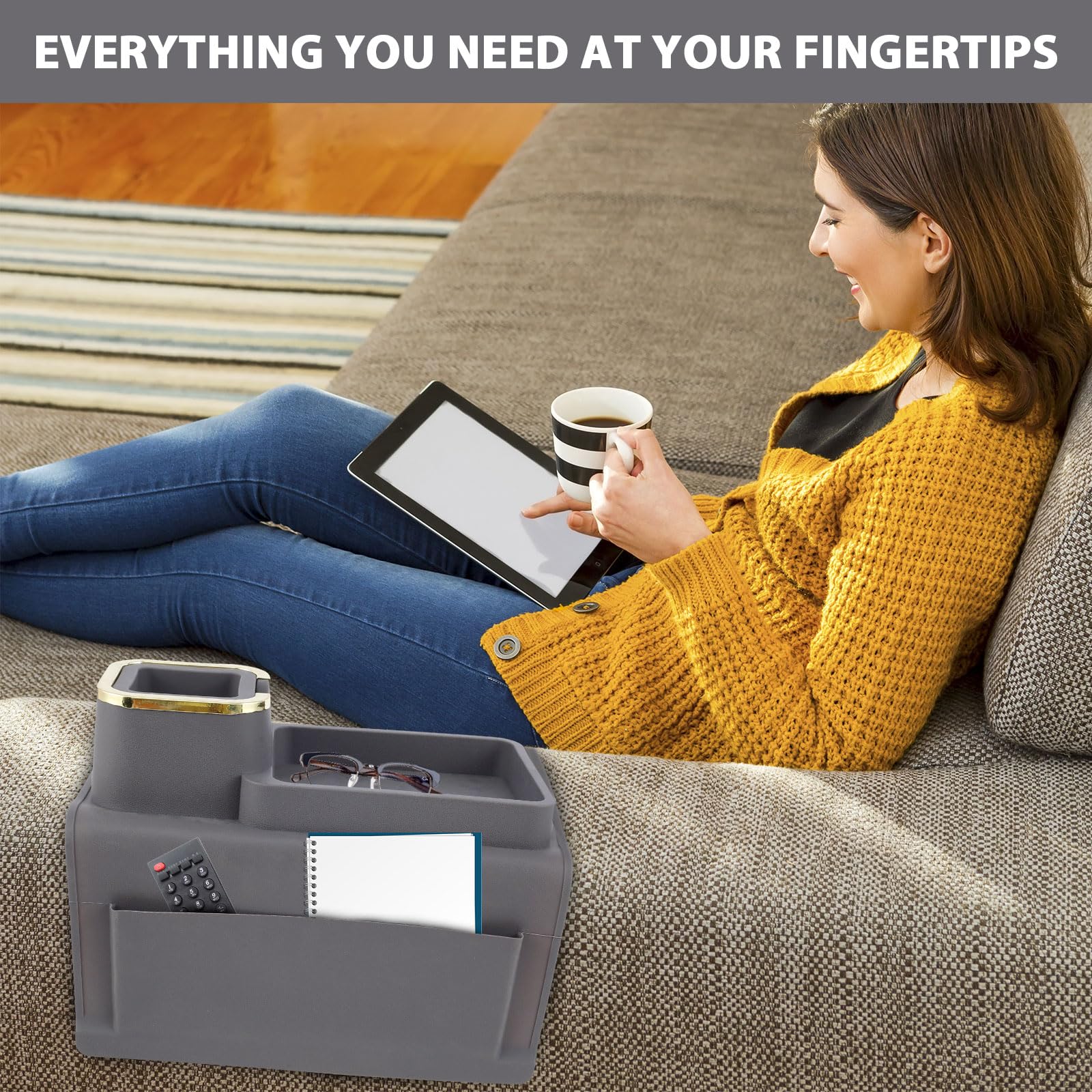 Couch Cup Holder Tray, Non-Slip Sofa Armrest Tray Silicone Sofa Cup Holder Multifunctional Couch Armrest Tray Grey Couch Caddy with Cup Holder for Cups Glasses Remote Control Phone(Grey)