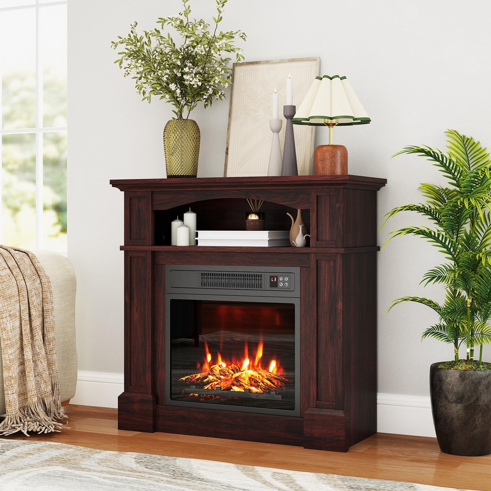 ORALNER 32” Electric Fireplace with Mantel, Freestanding Package Wooden Firebox Surround 18”Fireplace Insert Heater w/ 3 Flame Effects, Remote & 6H Timer, Overheat Protection, 1400W (Brown)