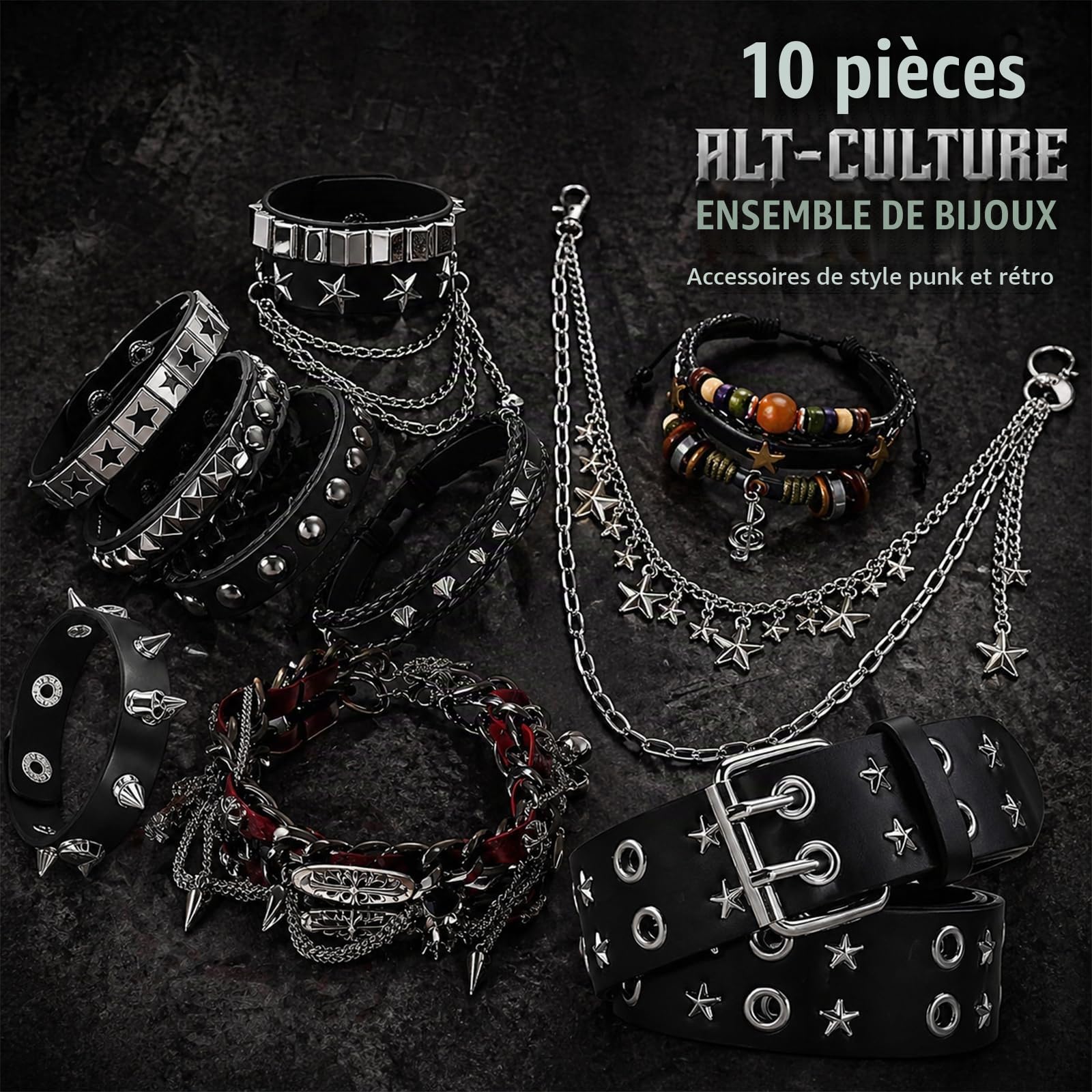 Ensemble de 10 accessoires unisexes Y2K comprenant une ceinture à imprimé étoile, un ensemble de 7 bracelets, un ras-de-cou gothique noir et une chaîne de taille en métal - Cuir noir