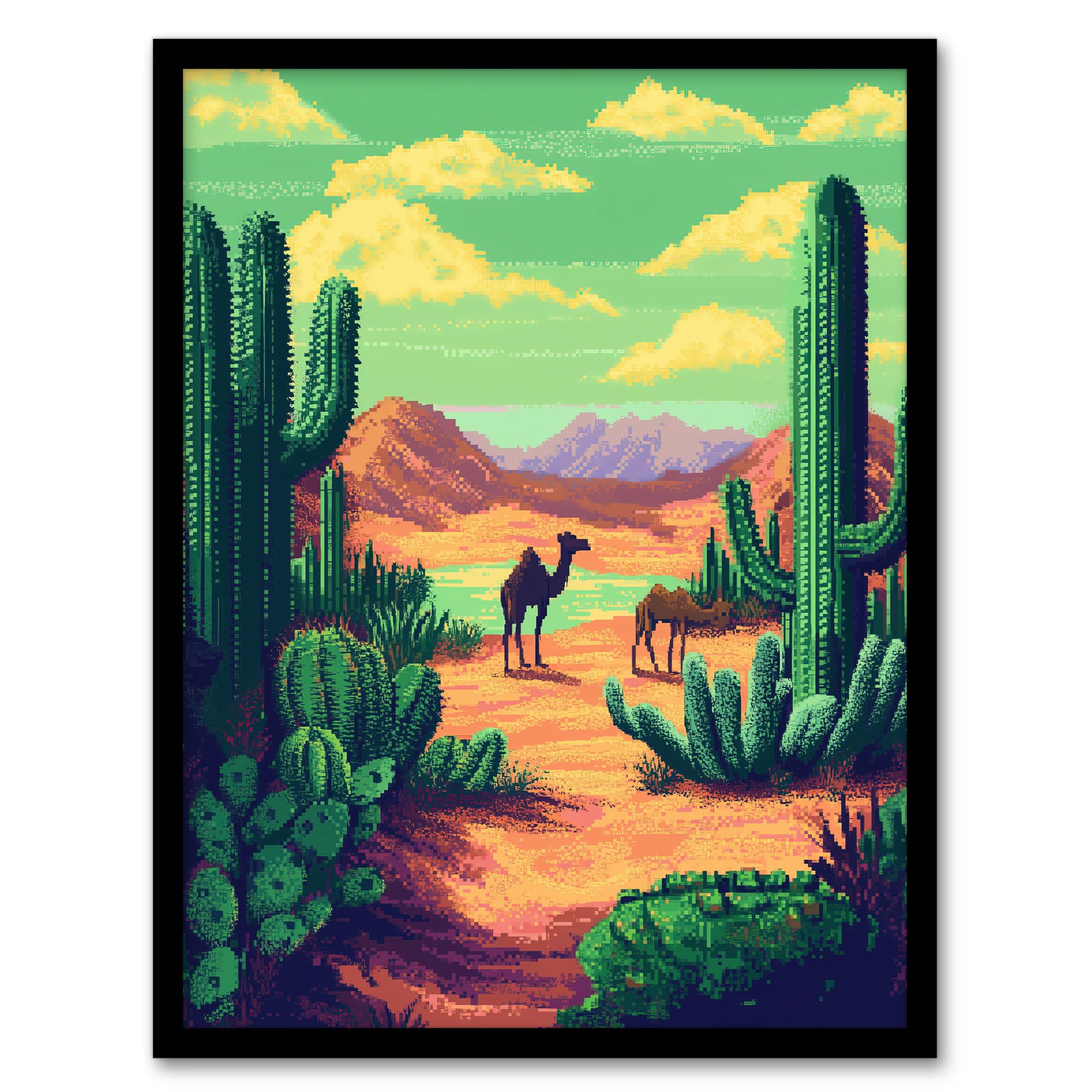 Artery8 Camels in Desert Cacti Oasis Pixel Art Landscape Living Room Artwork Framed Wall Art Print 18X24 Inch