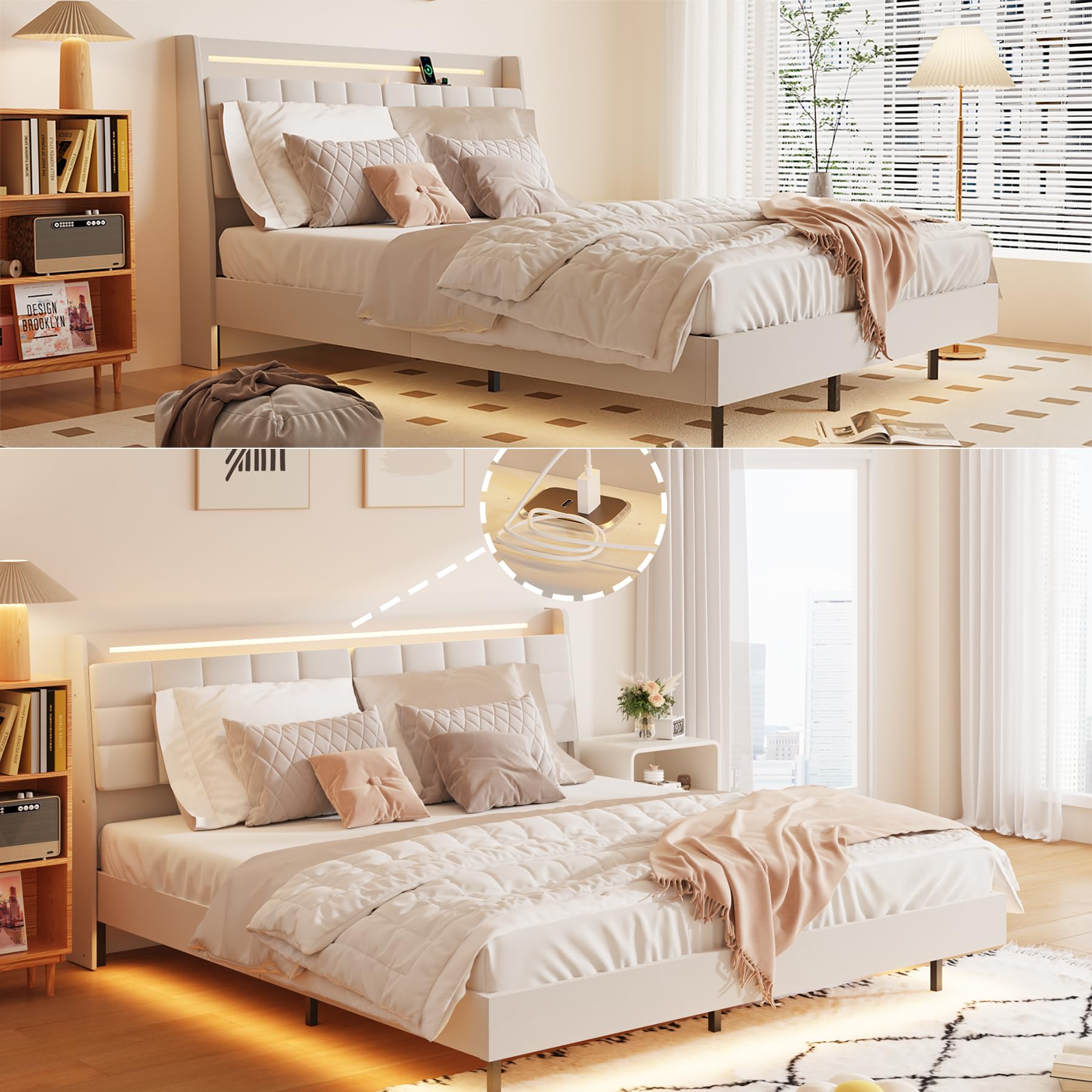 Floating Bed Frame King with LED Lights Upholstered Headboard with USB Charging Station,King Size Platform Bed Frame with Hidden Storage Space,No Box Spring Needed Easy Assembly (Beige, King)
