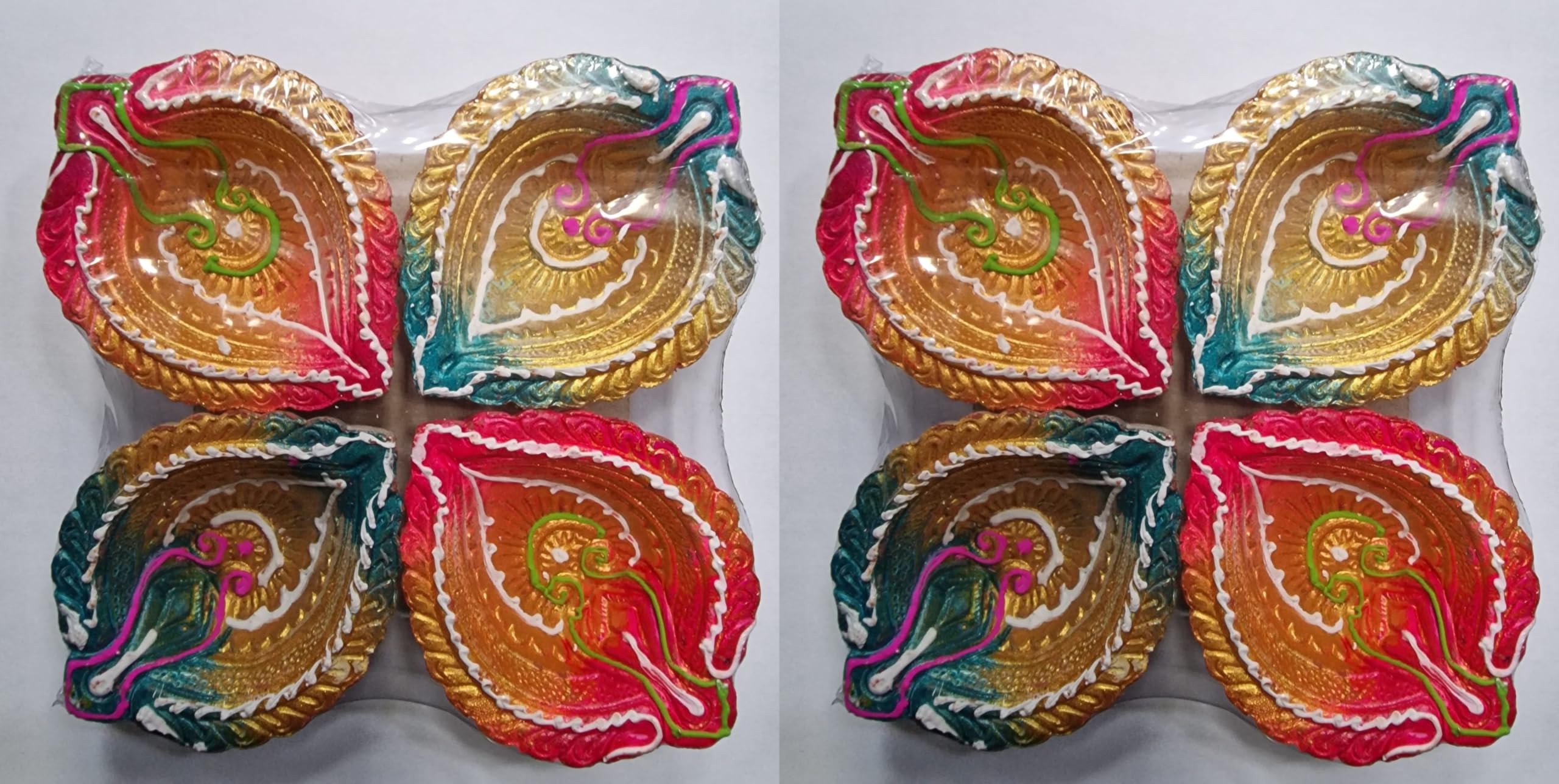 Traditional Decorative Colorful Diya (Set of 4) – Handcrafted Clay Lamps for Puja, Festivals, Diwali & Home Decoration (Pack of 2) (Design 8)