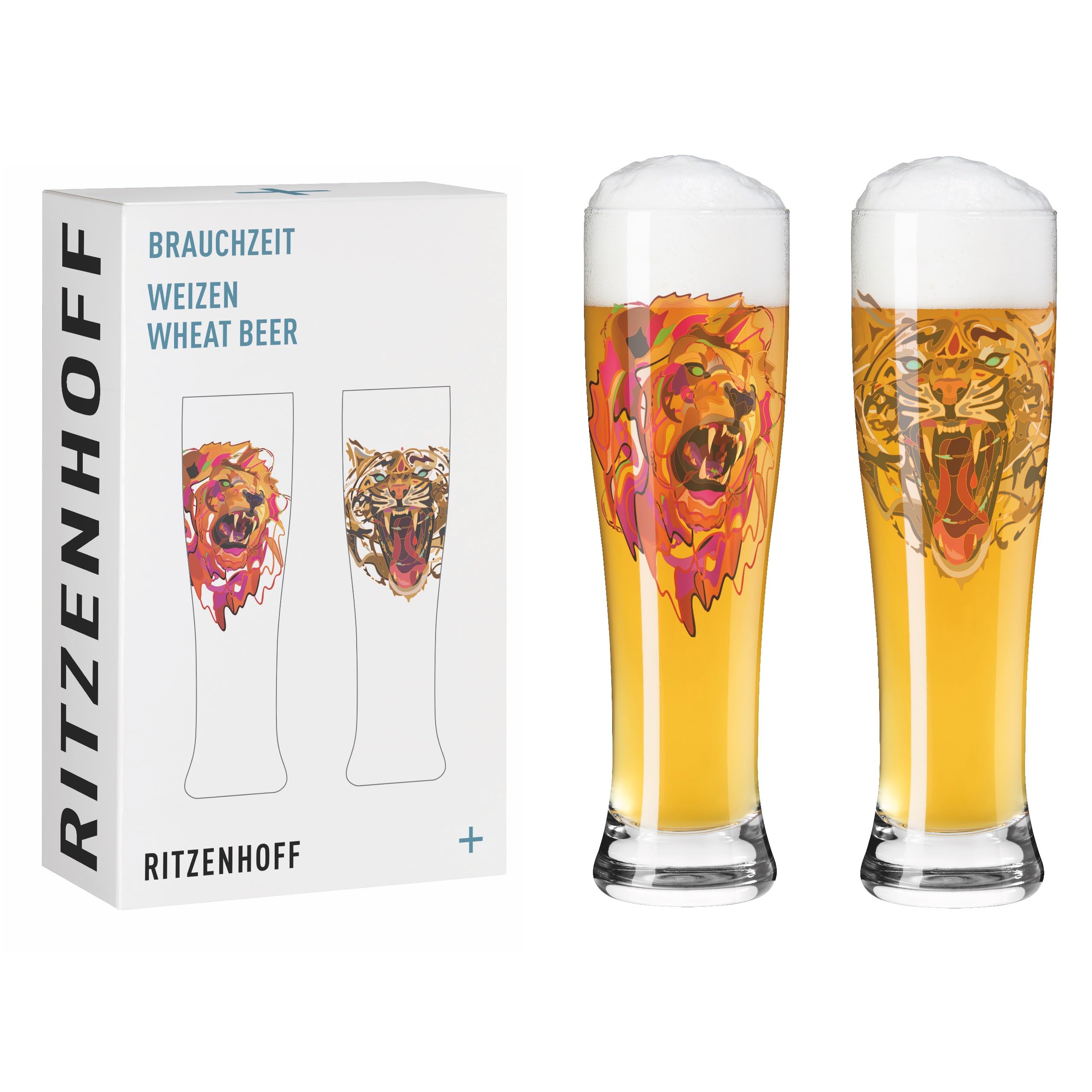 RITZENHOFF 3481011 Wheat Beer Glass 500 ml Set of 2 with Animal Motif, Multicoloured Digital Print, Pink, Brown, Green