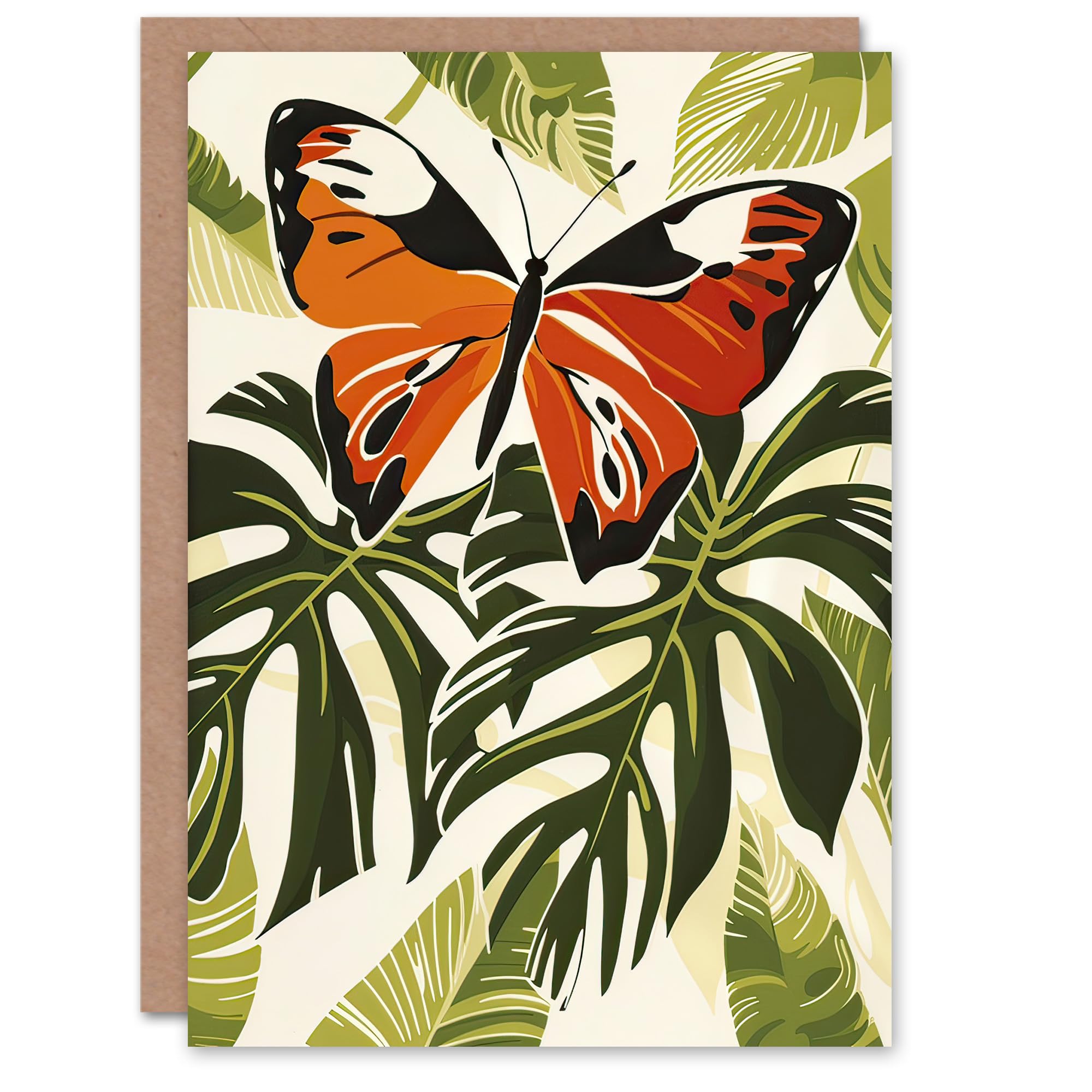 Artery8 Greeting Card Orange Monarch Butterfly on Monstera Plant Design For Her Woman Birthday Card