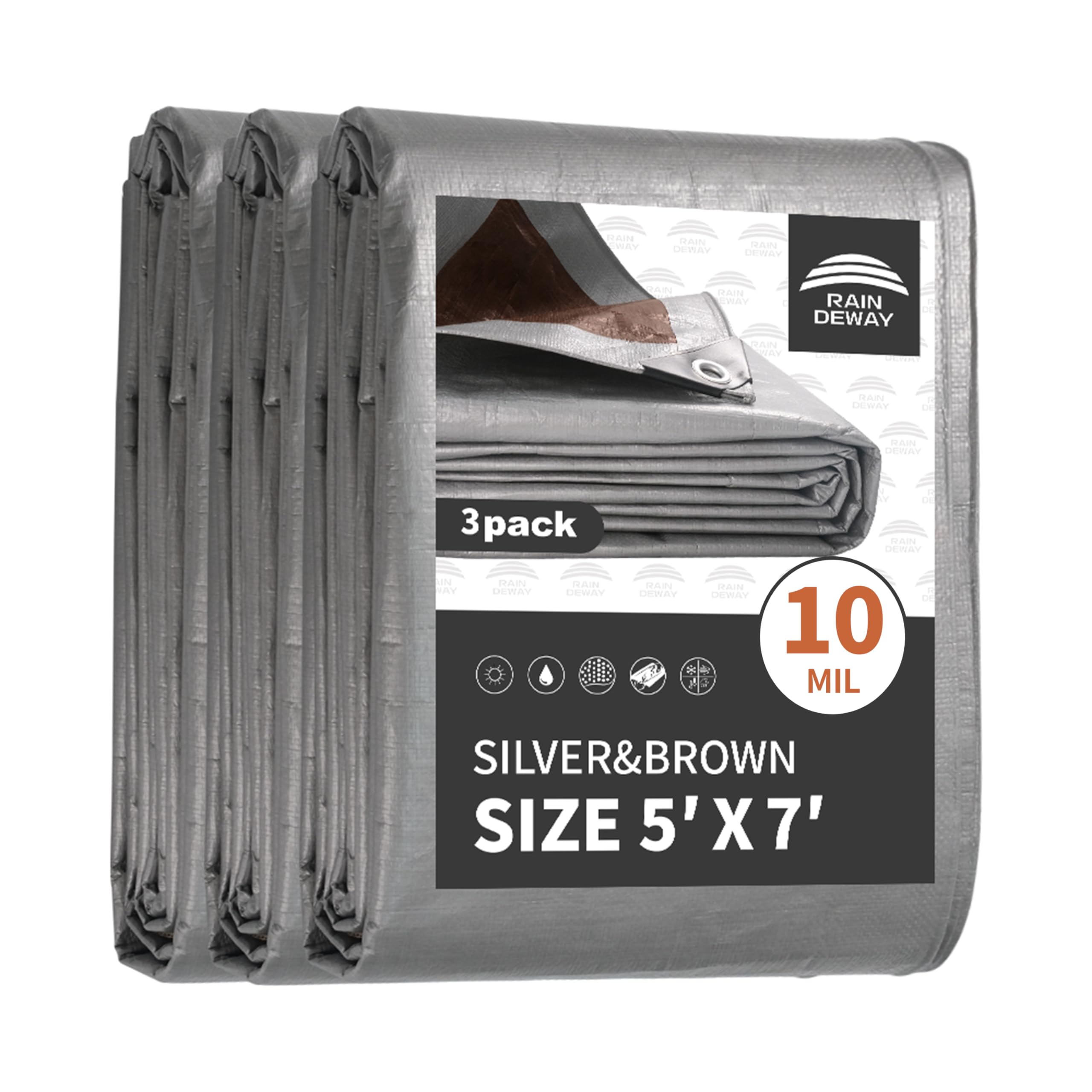 Tarps Heavy Duty Waterproof 5x7 Feet (3 Pack), 10Mil Multipurpose Small Tarp Cover with Metal Grommets and Reinforced Edges, Silver/Brown Tarp by RAINDEWAY