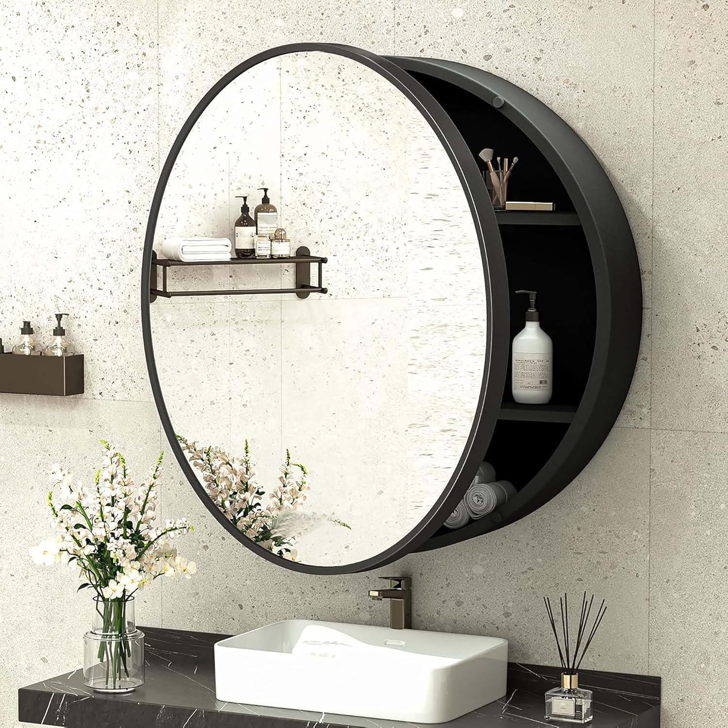iSTAR Plastic Wall Mounted Round Mirror Cabinet | Rust Resistant Toiletries Cosmetics Bathroom Cabinet | Multipurpose Storage Shelf Organizer for Kitchen Bedroom Washroom (Black, 41x41 cm)-image-1