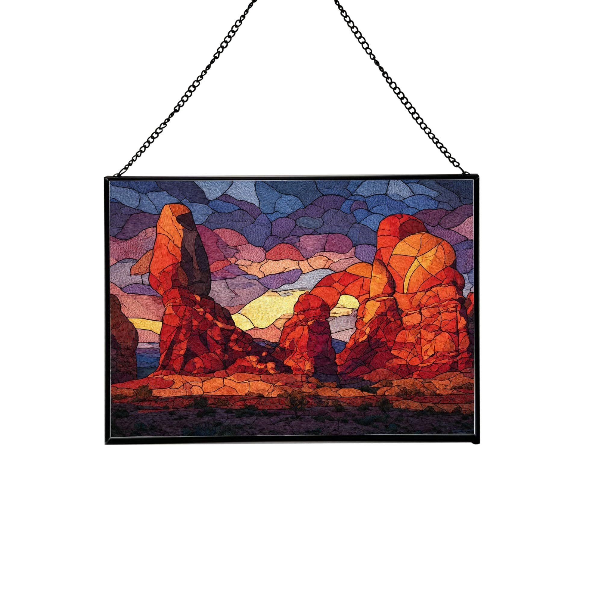 Arches National Park-Utah City Stained Glass Suncatcher – Rectangular Hanging Window Panel with Urban Street Scene – Custom Glass Art Gift for Travelers, Architecture, Skyline Lovers xLLKYr