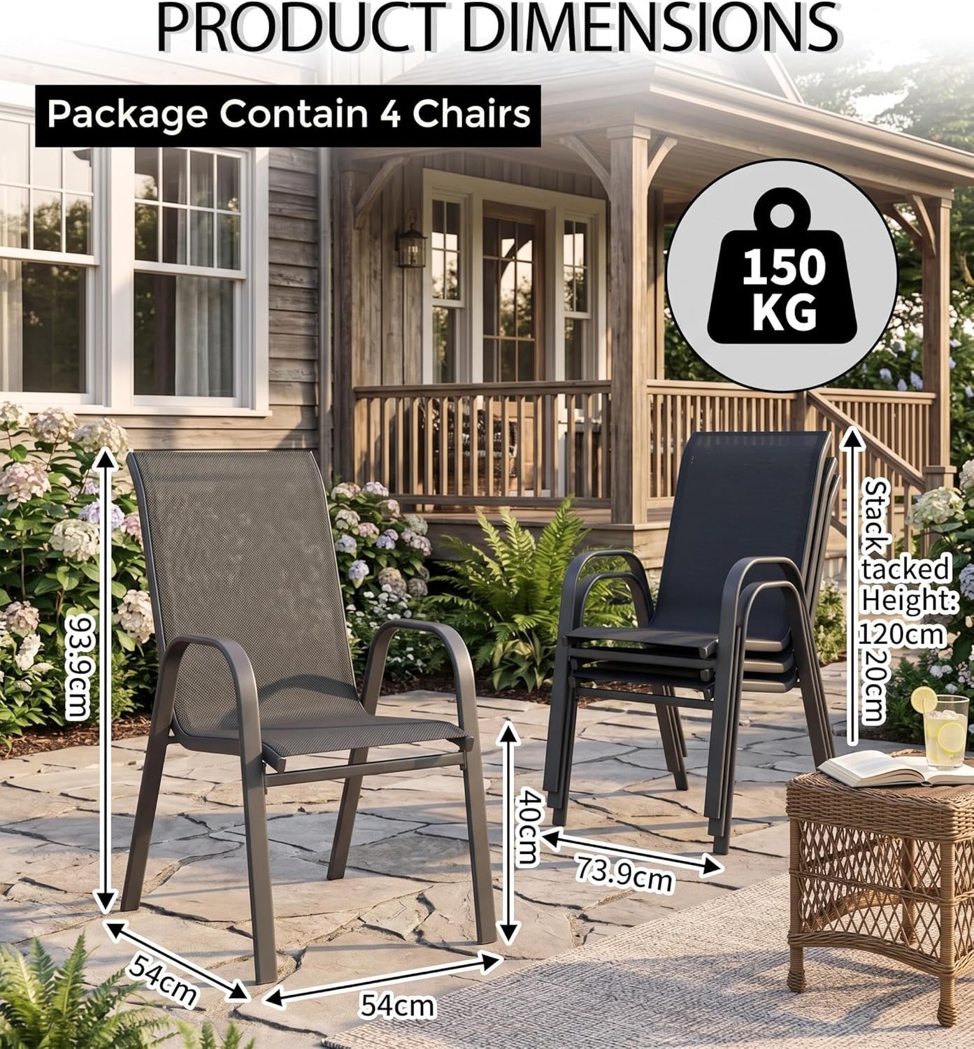 Gartenstühle 4er Set, Stapelbarer Gartenstuhl aus Textilene, Wetterbeständig und Schnelltrocknend, Terrassenstuhl Gartensessel bis 150 kg Belastbar für Garten Balkon Terrasse Outdoor
