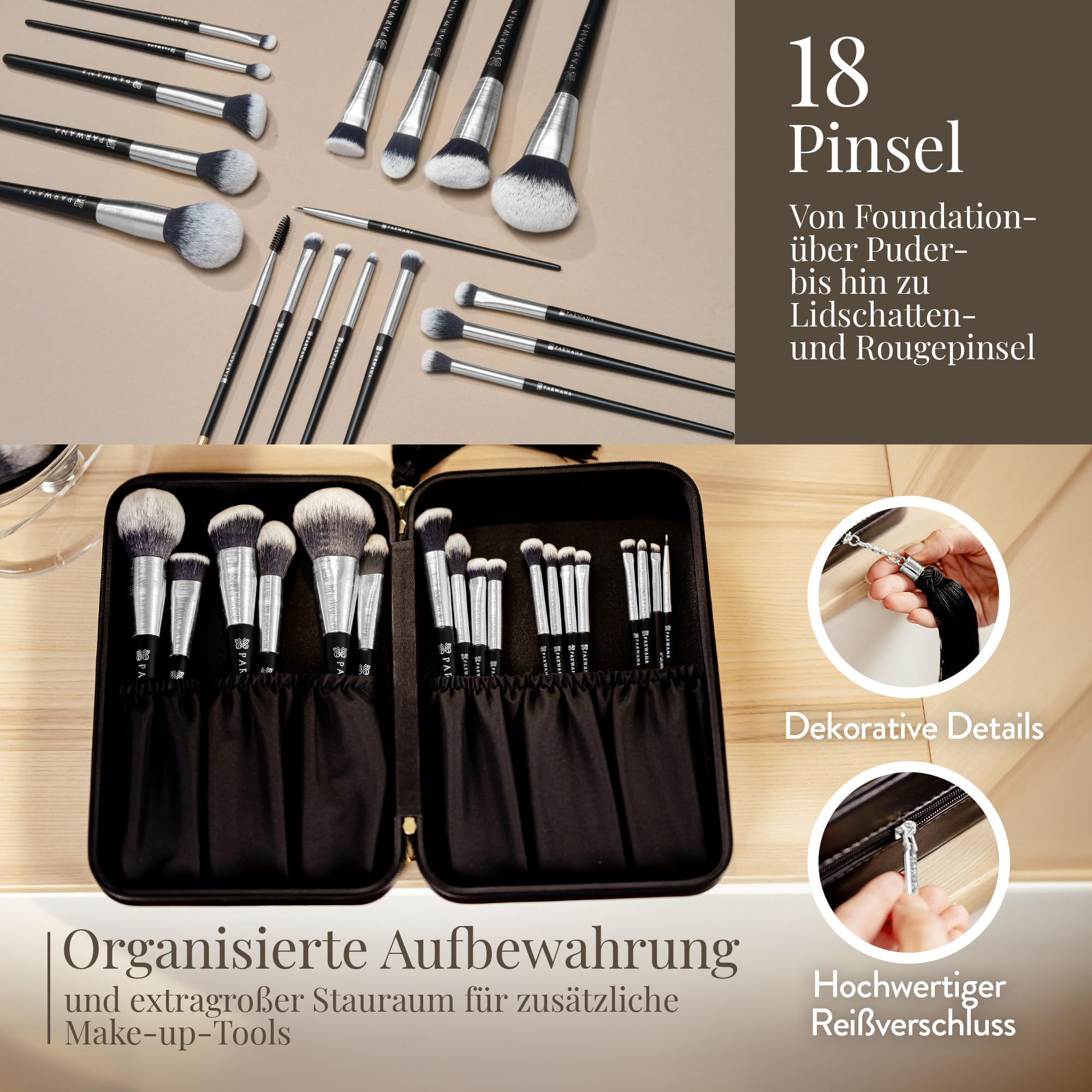 Luxuriöses Make Up Pinsel Set mit Etui [18-Pinsel] - Schminkpinsel Kosmetikpinsel Gesichtspinsel Augenpinsel Lidschattenpinsel Puderpinsel Foundation Highlight Concealer Contouring | Geschenkidee