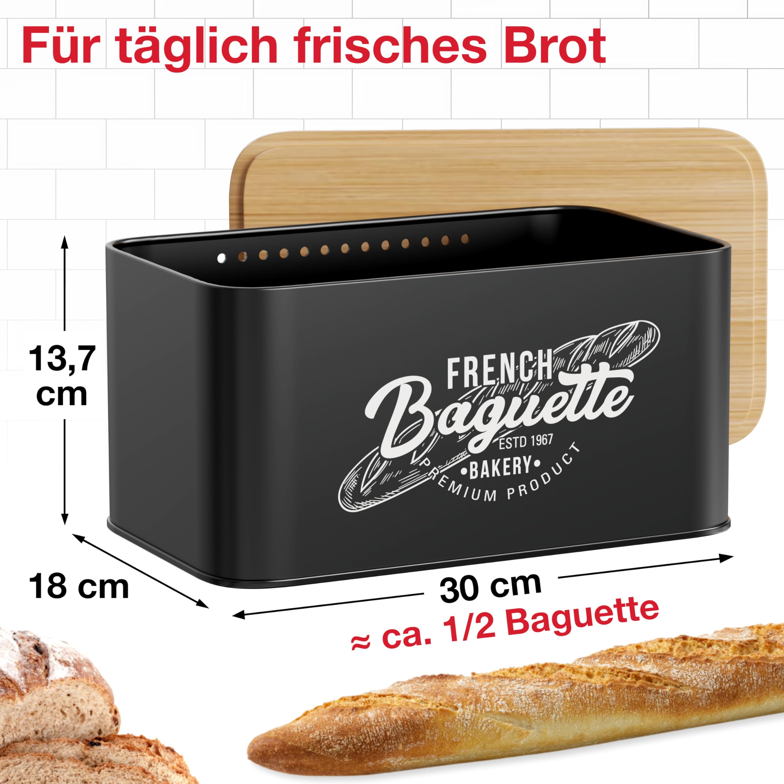 Hovea - Brotkasten Schwarz „French Baguette“ - 30 x 18 x 13,7 cm - Metall & Bambus - Inkl. Brotsack - Für Brot, Toast, Zwieback - Aufbewahrung & Frischhaltung - Brotbox