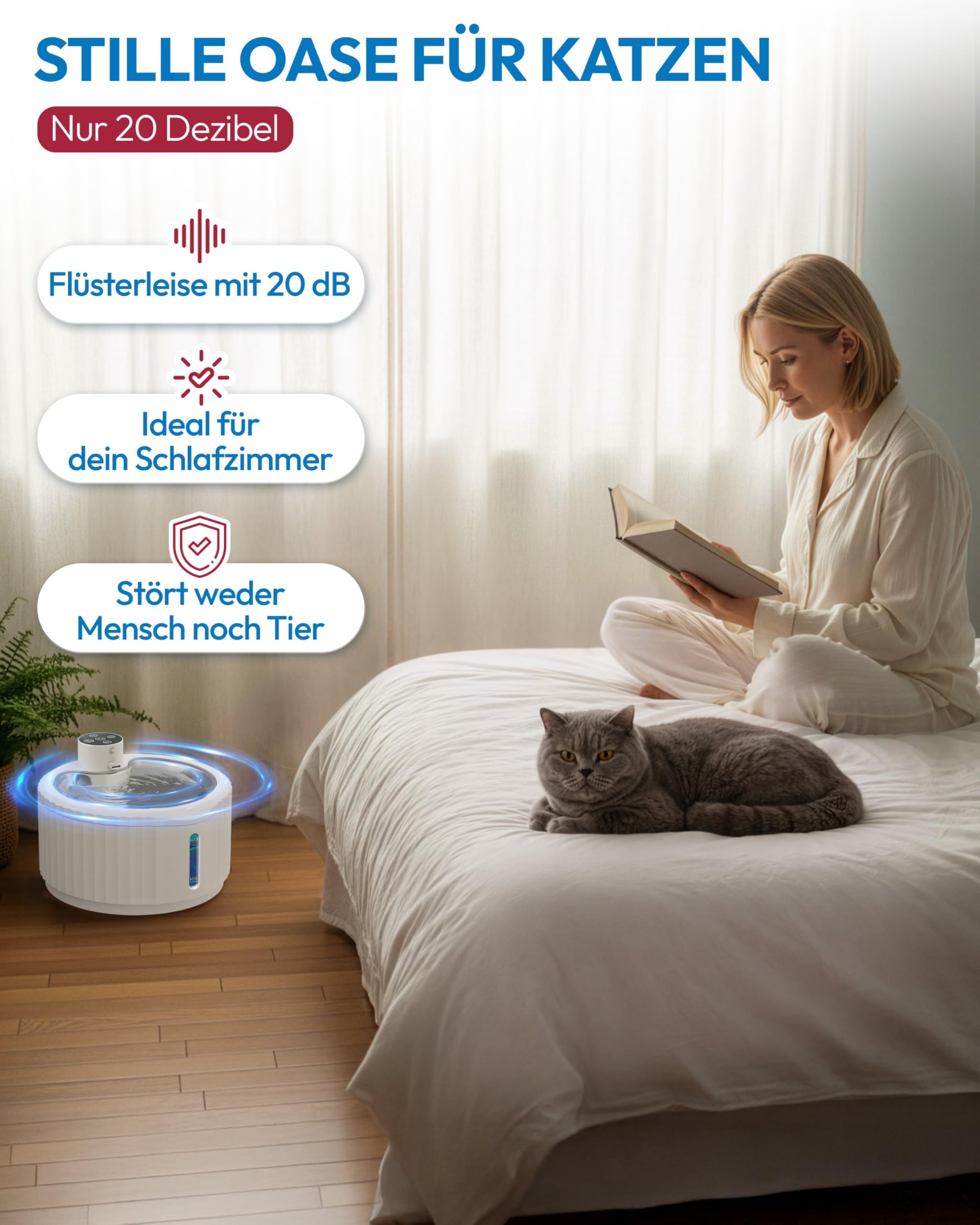 Miaura® Fontaine à eau pour chat sans fil et super silencieuse - Fontaine à boire pour chat 2,8L de capacité - Fontaine à eau pour chat avec détecteur de mouvement - Fontaine à eau pour chat avec une