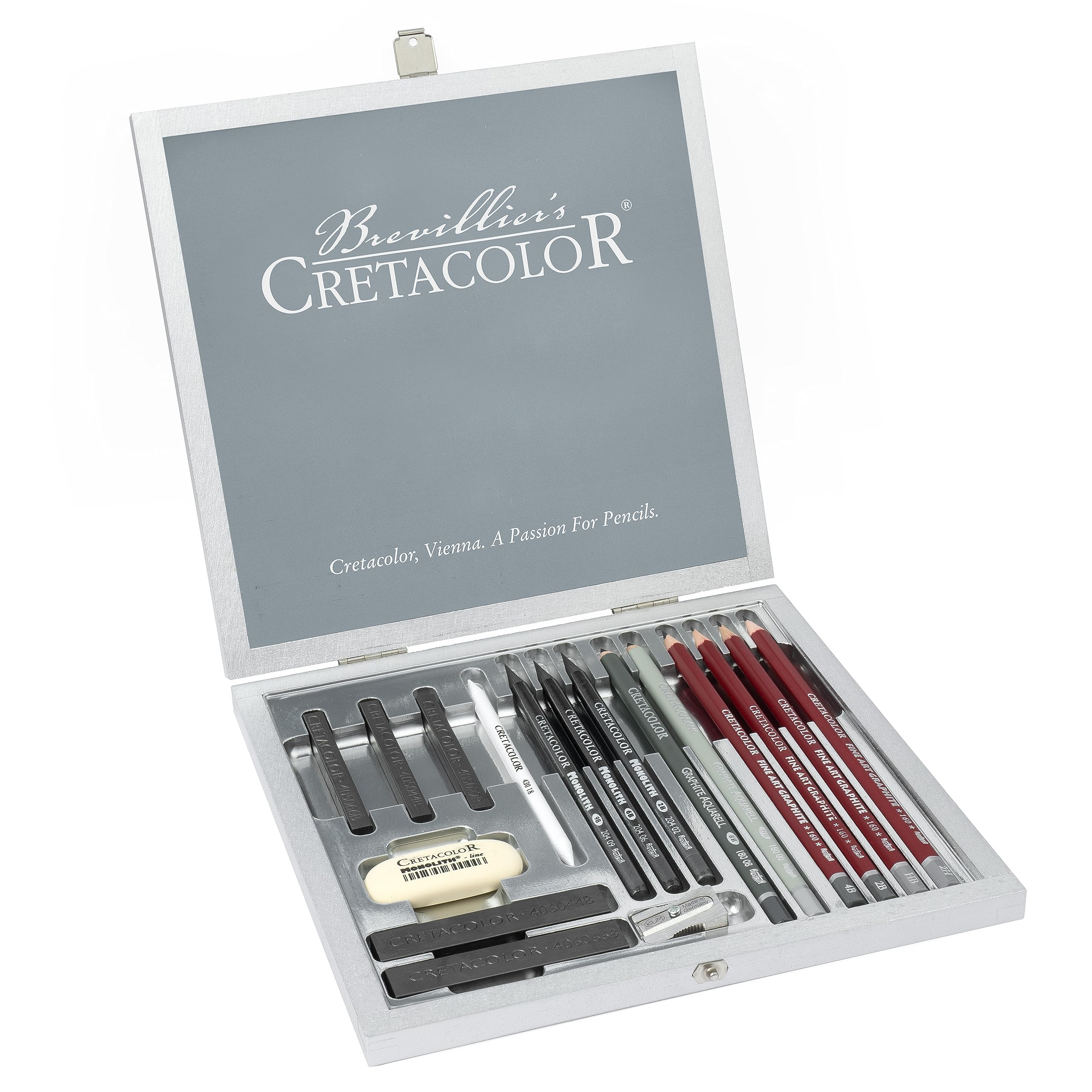 CRETACOLOR Silver Box, 17-teiliges Graphit Künstlerset in Holzkassette, inkl. Zubehör