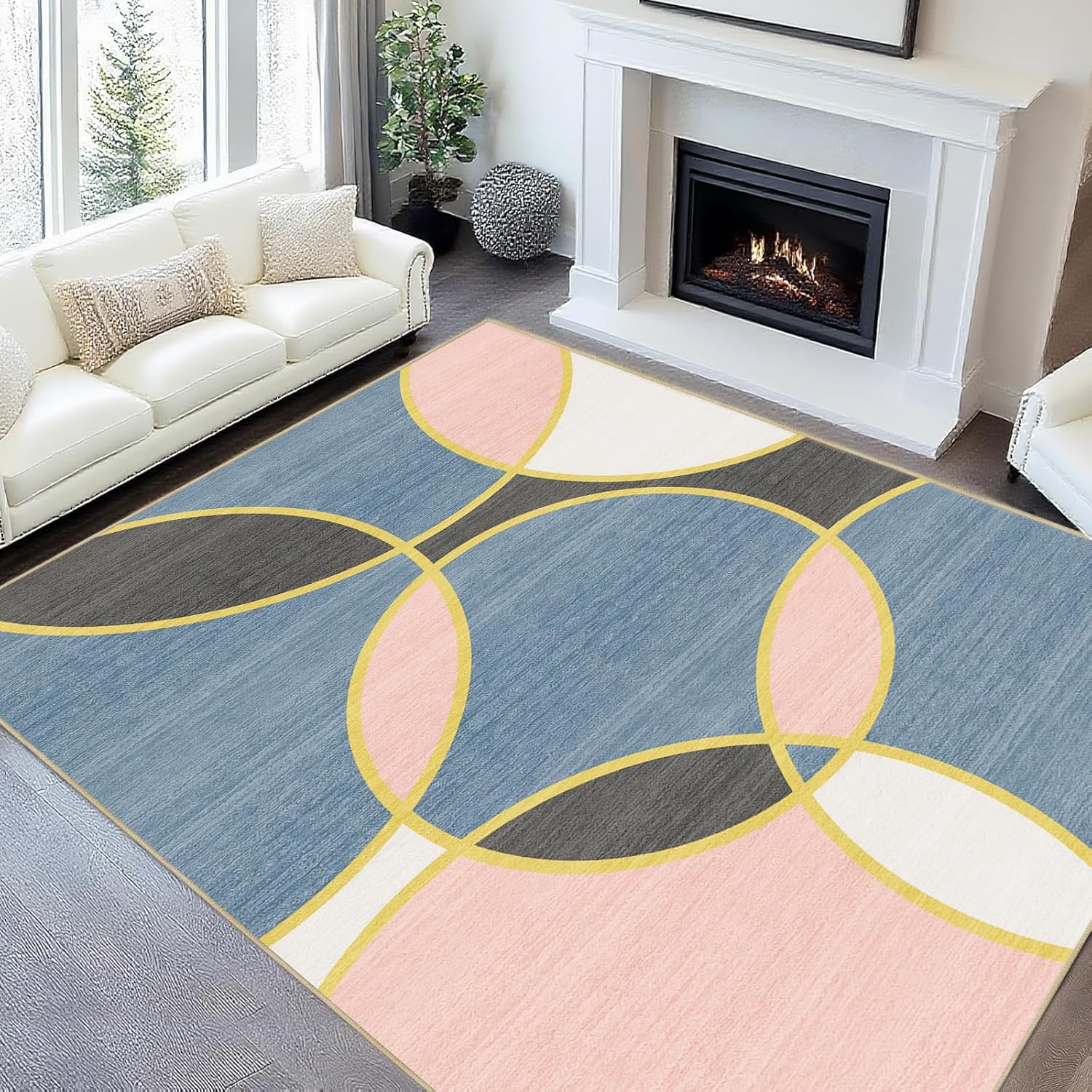 8x10 area rug for living room geometric circle rug mid century modern circles rugs machine washable non-slip printed low-pile floor carpet for bedroom dining room office, blue pink 8'x10' circle