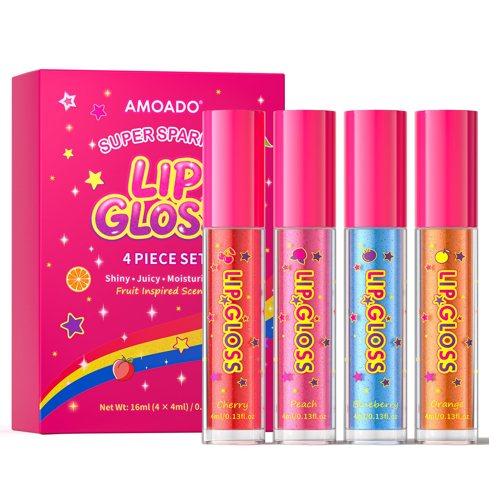 AMOADO Glitter Lip Gloss for Girls 4 Pack, Fruity Flavored Shimmer Lip Gloss Set, Peach Cherry Blueberry Orange, Hydrating Non-Sticky Lip Gloss, Cute Makeup Gift Set for Teens, Girls & Beginners