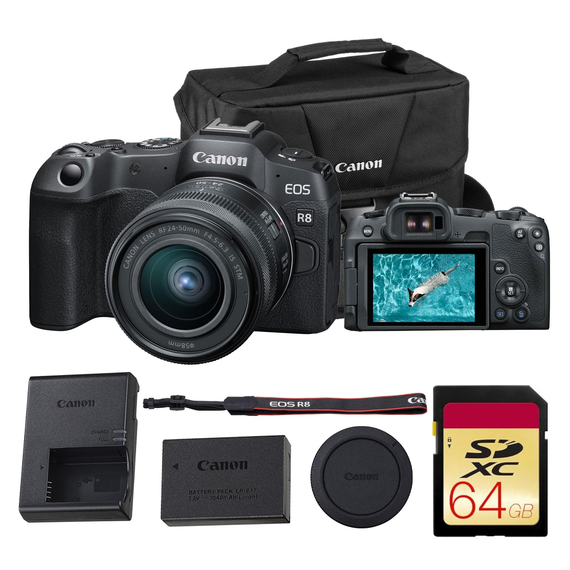Canon EOS R8 Mirrorless Camera – 24.2MP Full-Frame RF Camera with 4K 60p Video, Dual Pixel AF II &amp; Lightweight Design (with 24–50mm Kit) (5803C012) + 64GB Memory Card + Canon Shoulder Bag