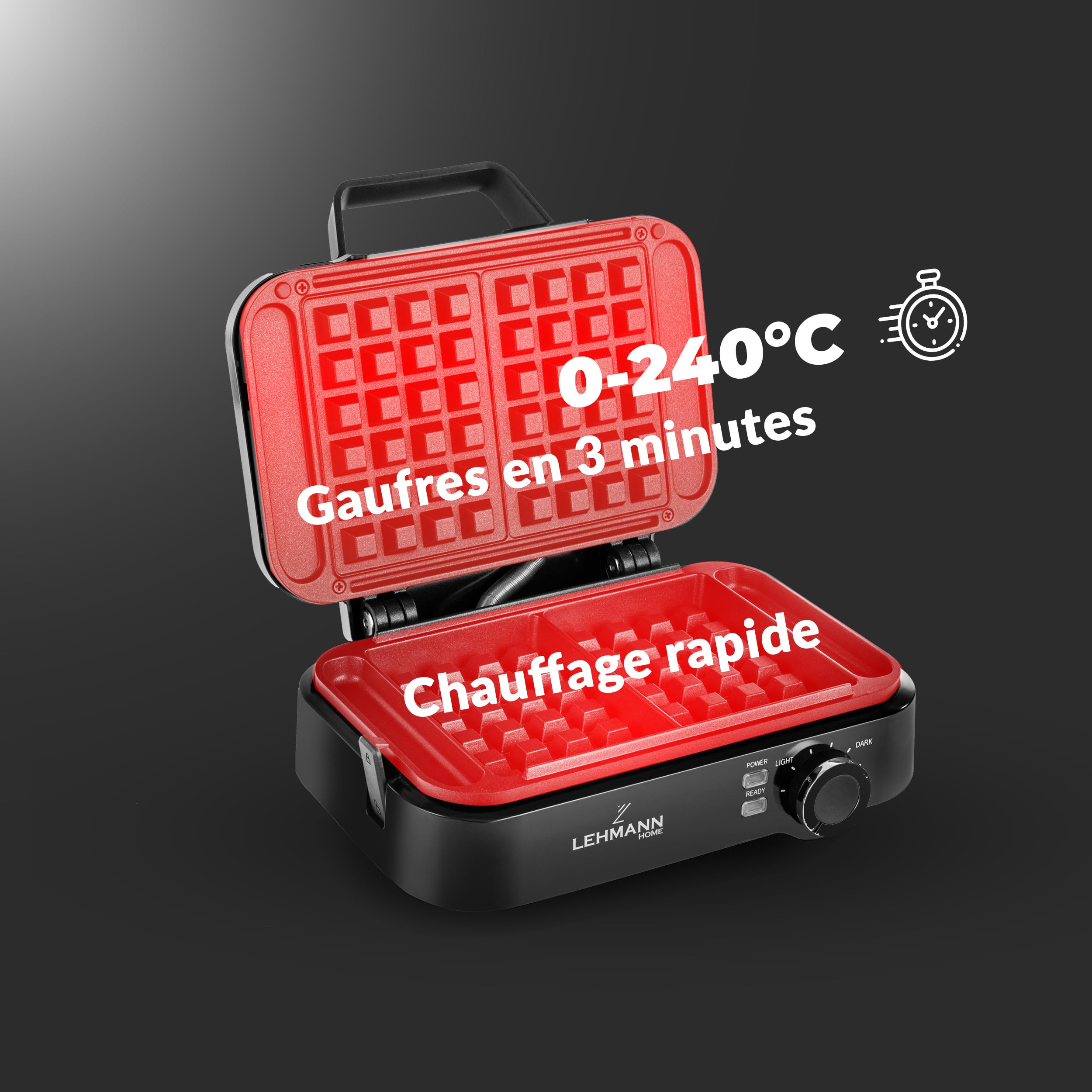 LEHMANN Gaufrier Double pour Gaufres Belge, 1200W, Gaufres 12,5 x 8,5 x 2 cm, Prêt en 3 Minutes, Réglage de la Température Jusqu'à 240°C, Revêtement Antiadhésif, Nettoyage Rapide et Facile