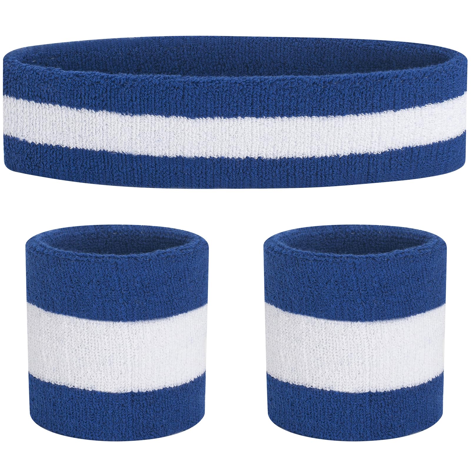 FACATH Sweatband Set Sports Headband Wristband Absorbent, Comfortable & Versatile for All Workouts | Keep Sweat Away, Focus on Your Game (Blue/White/Blue)