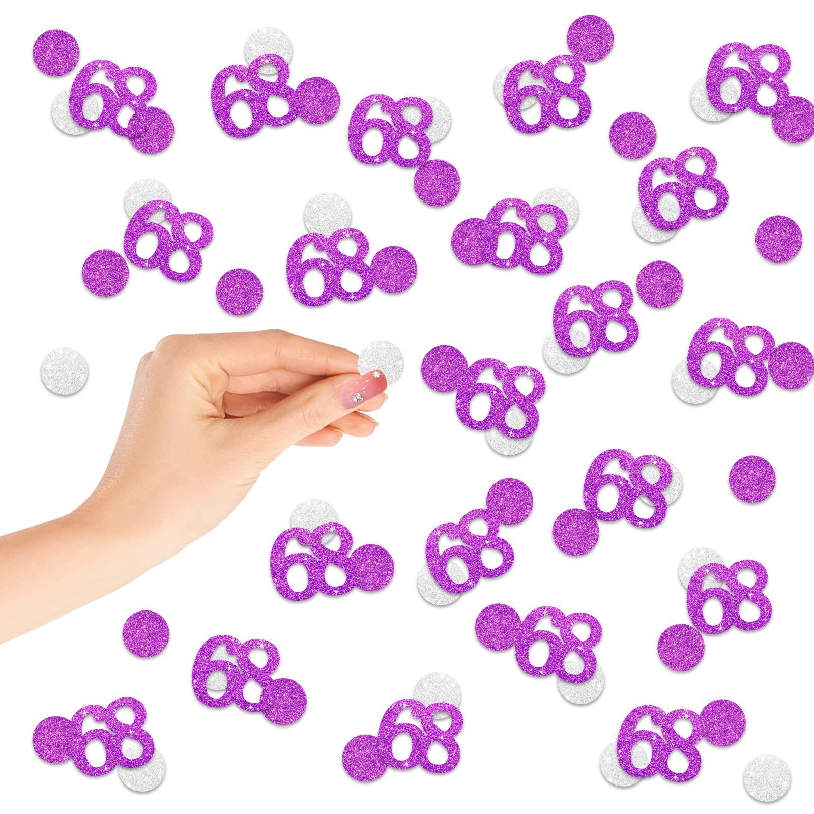 Number 68 Confetti, 68th Birthday Table Confetti, Purple Silver Dots Paper Scatters, Purple Sixty Eight Cut Out for Anniversary/Birthday Party Table Decoration - 200PCS