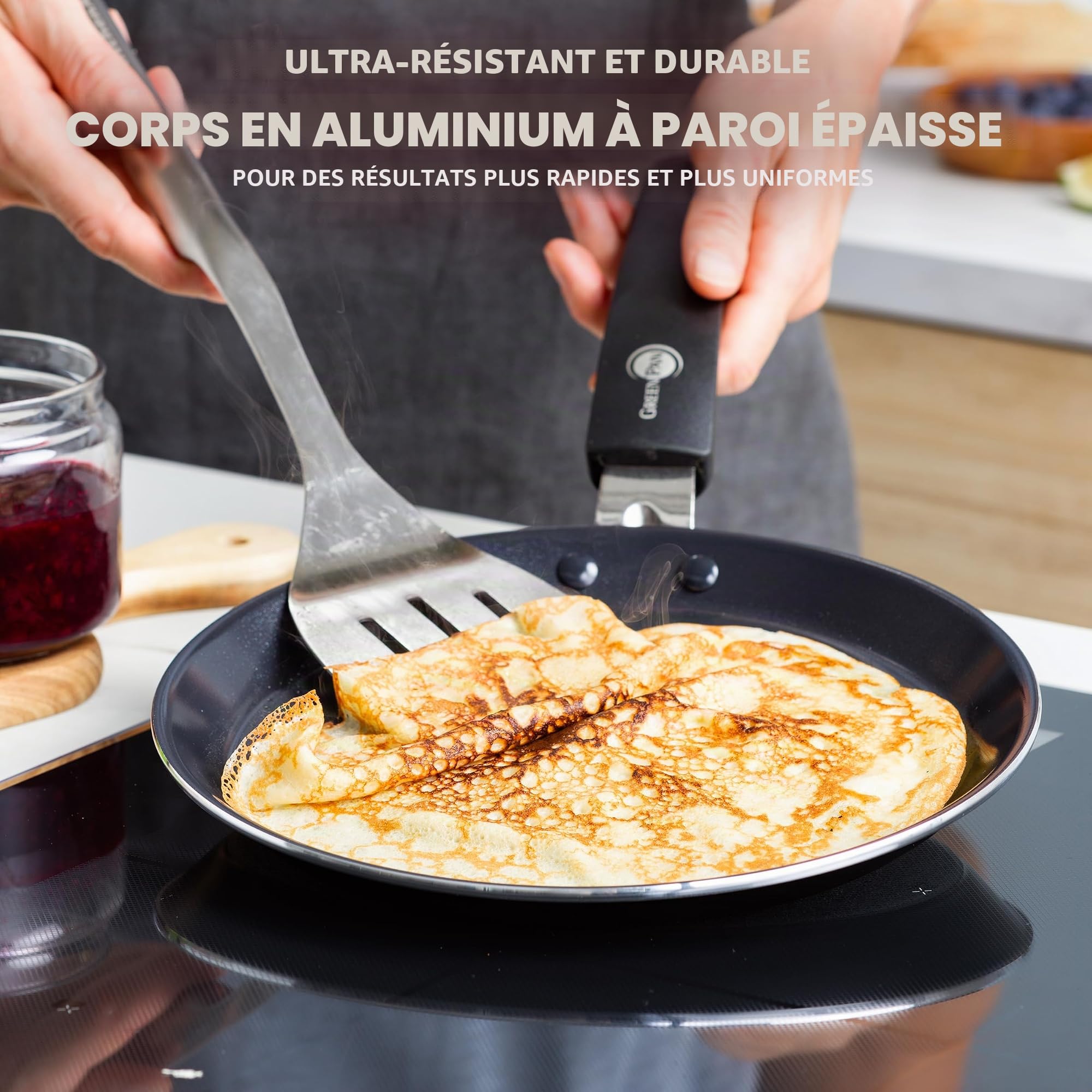 GreenPan Essentials Poêle à Crêpes Antiadhésive en Céramique Saine de 24 cm, Sans PFAS, Induction, Va au four et au gril jusqu'à 160°C, Va au lave-vaisselle, Noir