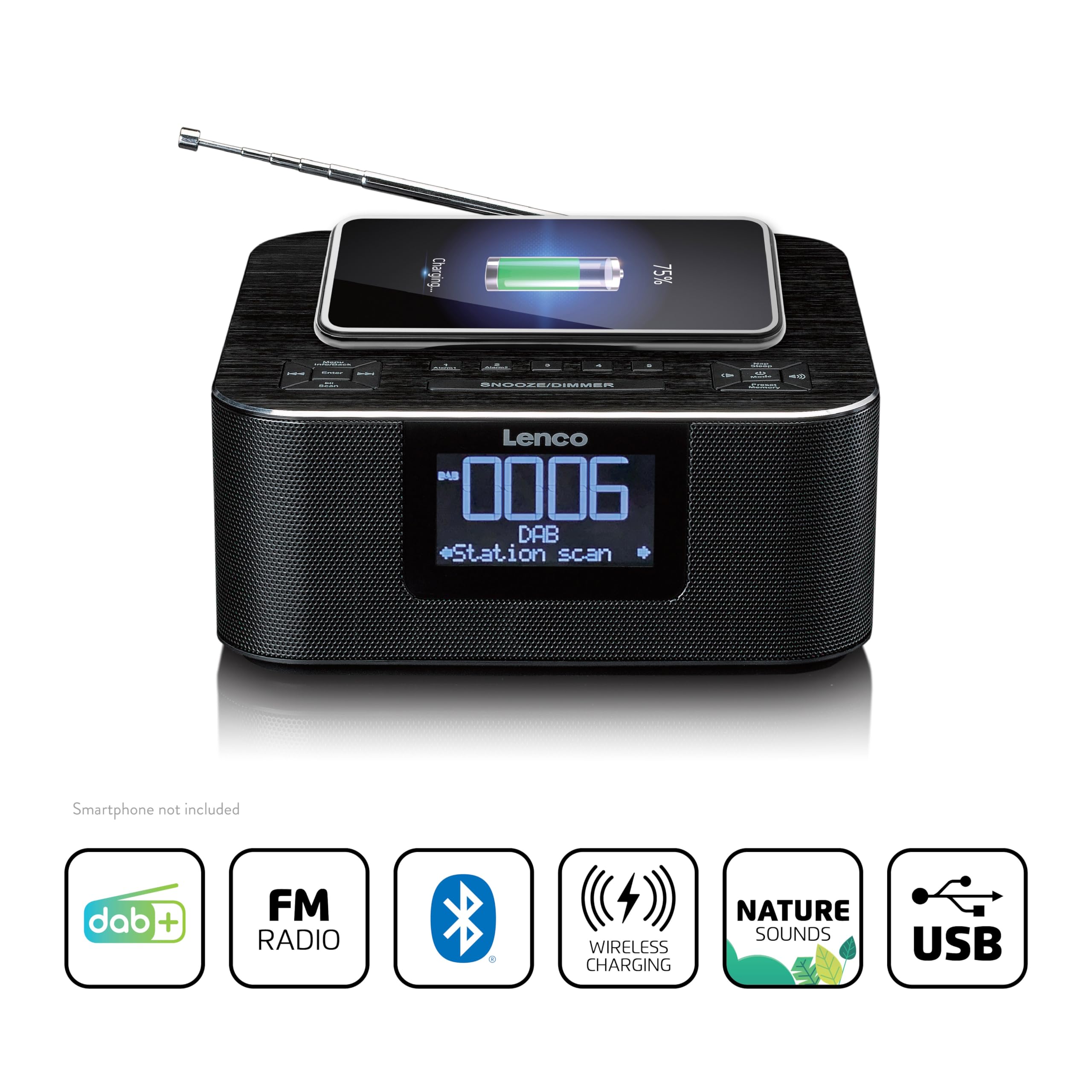 Lenco CR-650 DAB+ Radiosveglia – Radio per orologi con DAB+ e FM – 20 stazioni – Funzione snooze – 2 x 2 Watt RMS – LCD – USB e caricatore QI – nero
