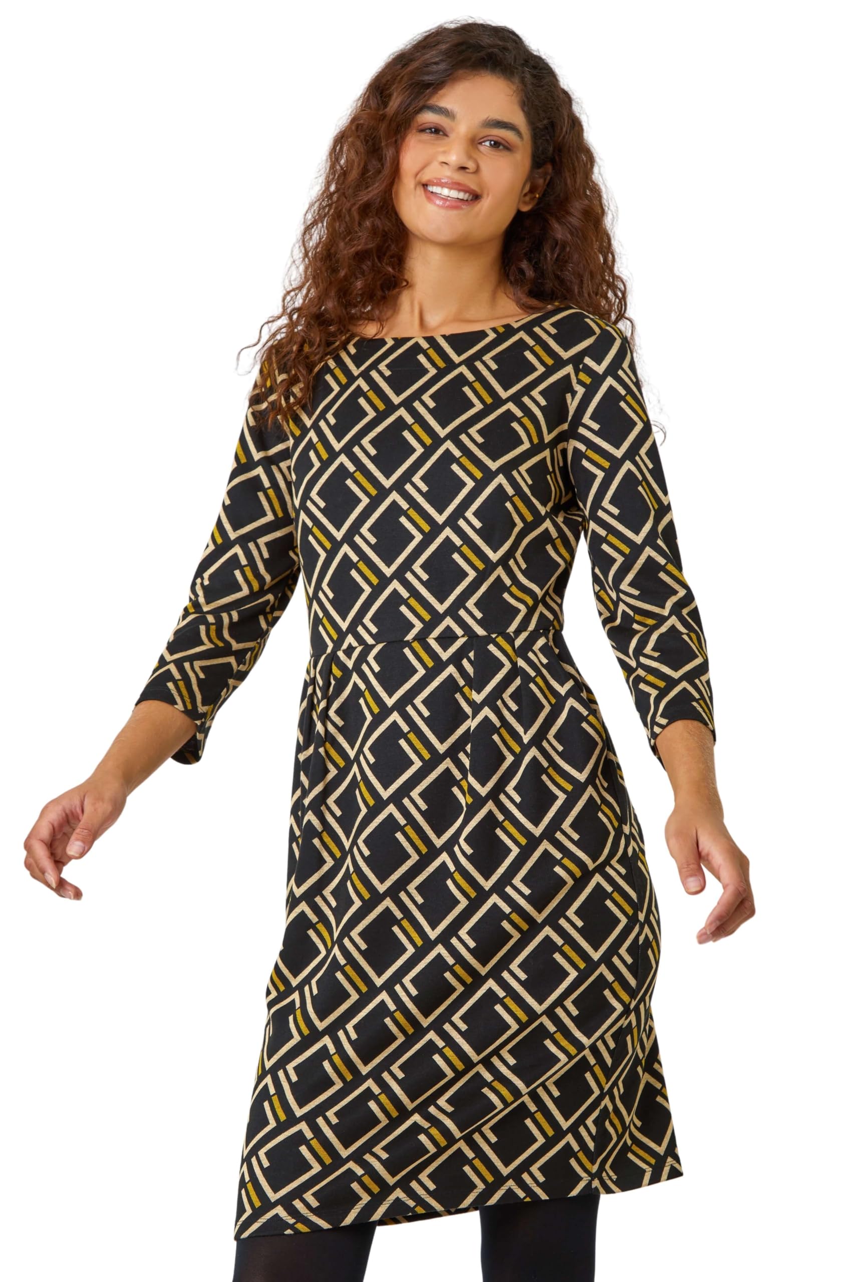 Roman Women's Geometric Print Pocket Shift Dress in Yellow | Size: 18