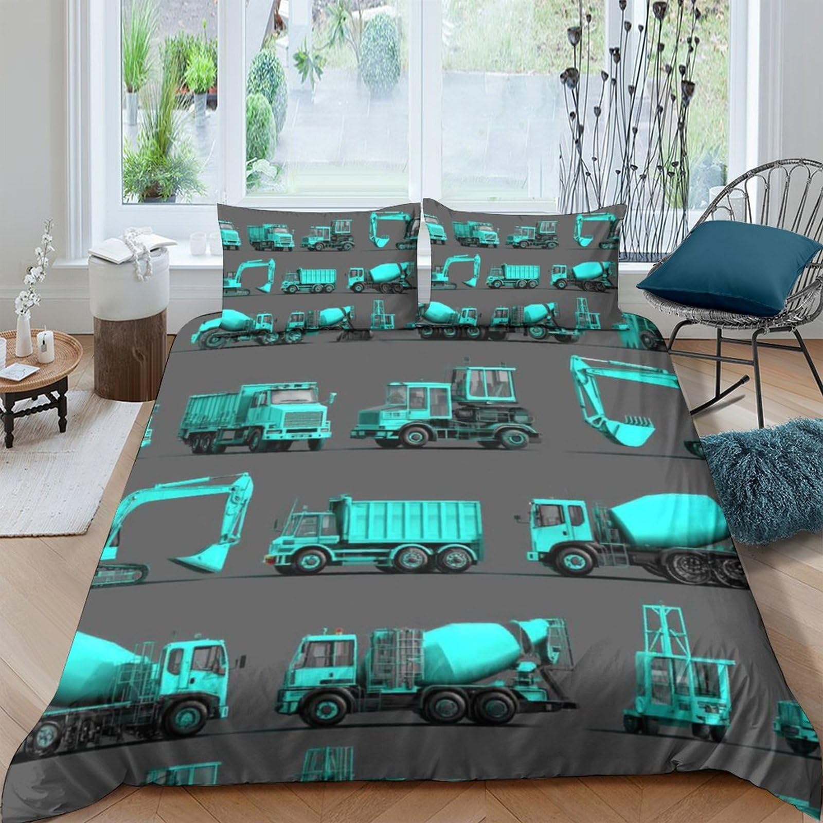 Ctjqhvkz Style-8 3D Printed Construction Vehicle Fitted Sheet Microfiber Anti-Slip Truck Pattern Bed Cover For Bedroom Dorm Easy Care Single（135X200cm）