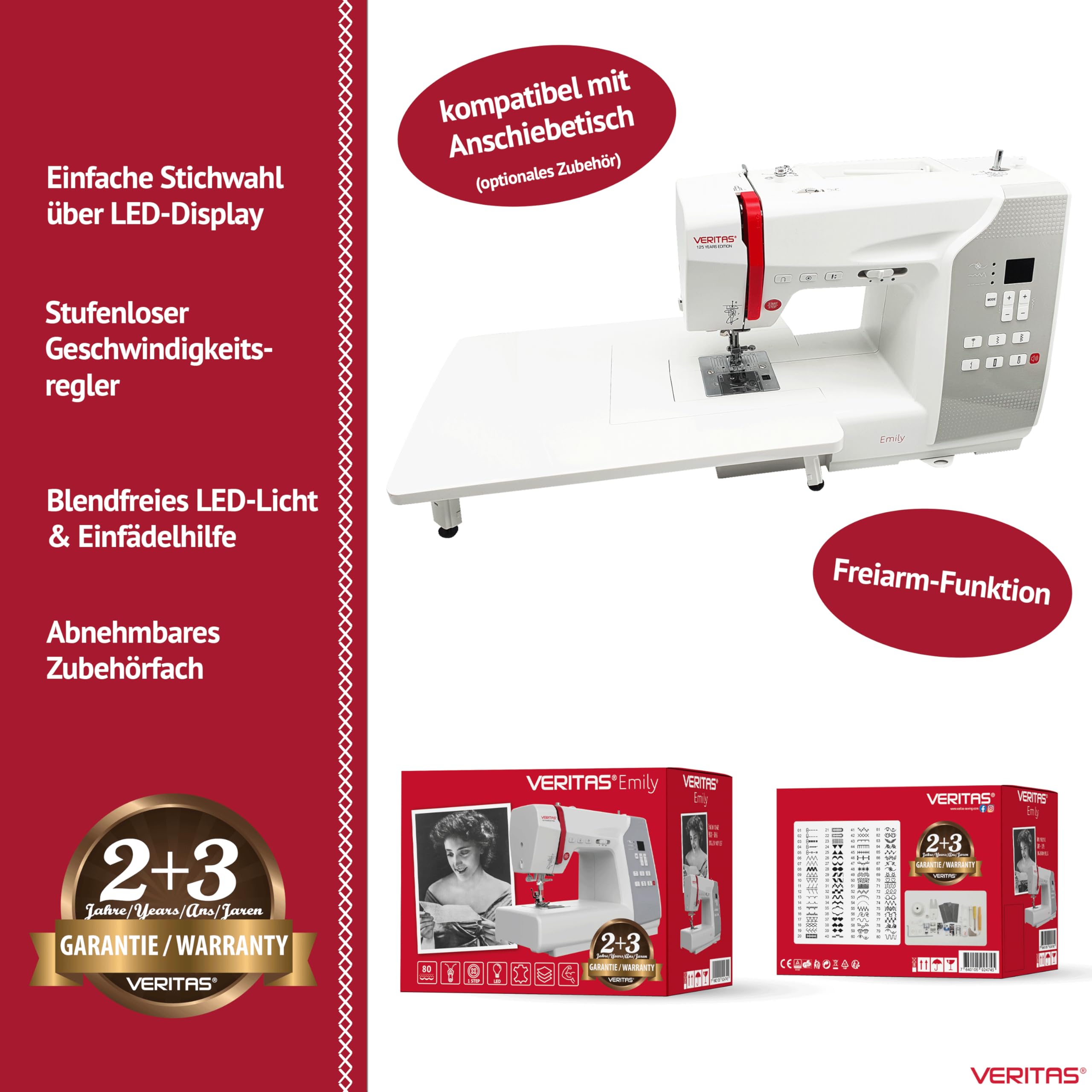 VERITAS Anfänger-Nähmaschine Emily I Computer-Nähmaschine I Freiarm I mit Fußpedal I Einfädelhilfe & Fadenabschneider I 80 Stiche I Stichlänge & Stichbreite anpassbar I LED-Display & Nählicht (weiß)