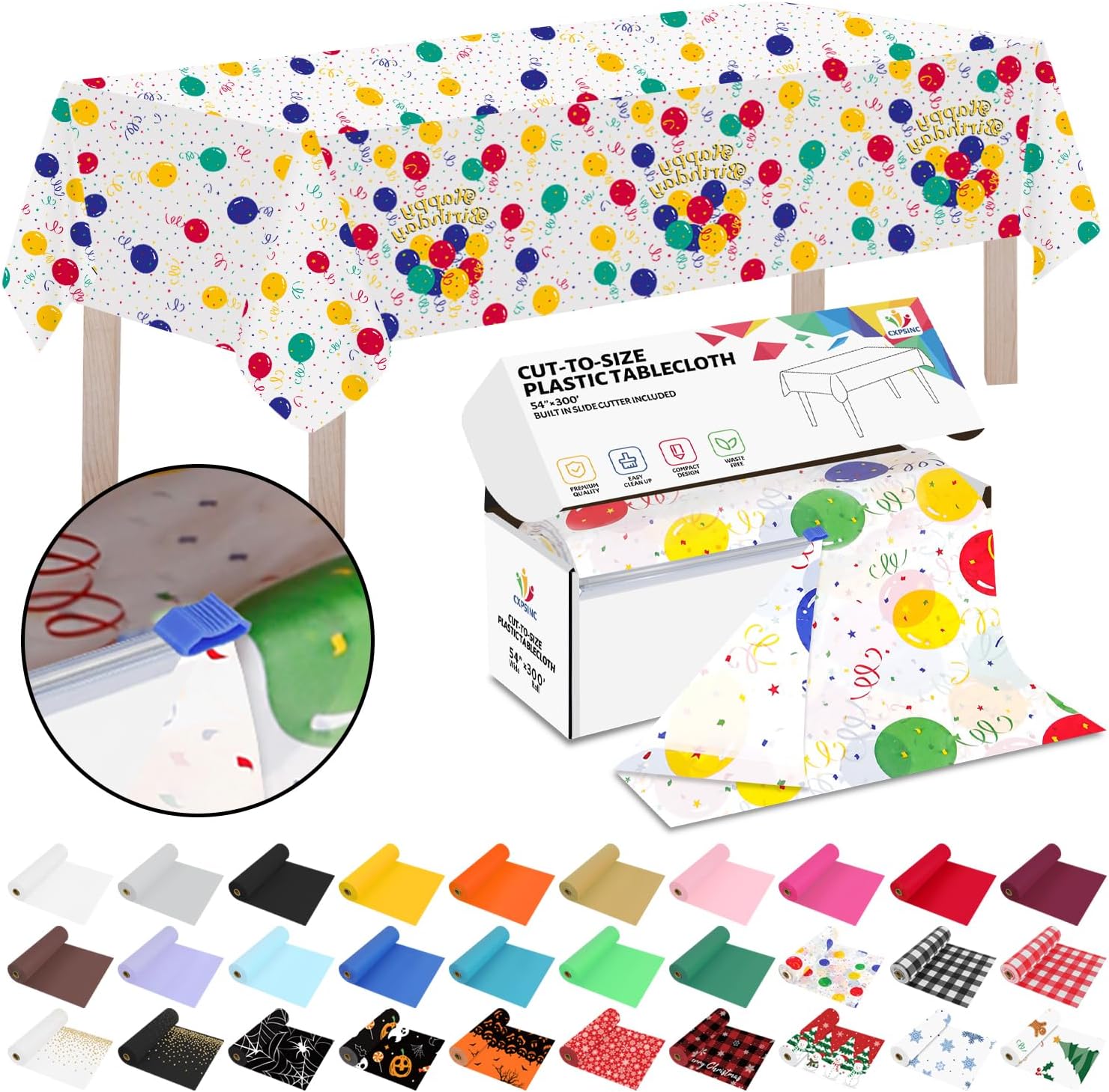 CXPSINC 54 Inch X 300 Feet Plastic Table Cover Roll Disposable Tablecloth with Slide Cutter for All Type/Shape Tables | Picnic, Party, Banquet, Birthdays, Weddings (Balloon, 300 Feet) 3600" x 54" (Rectangular) Balloon