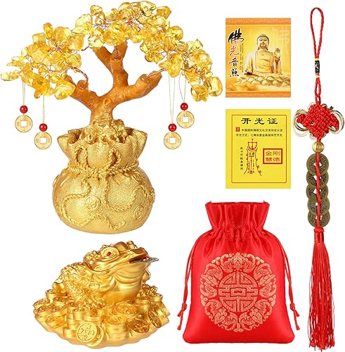 Beeveer Juego de 5 piezas de decoración de Feng Shui, incluye árbol de dinero de cristal amarillo, citrino de Feng Shui, rana de dinero Feng Shui,