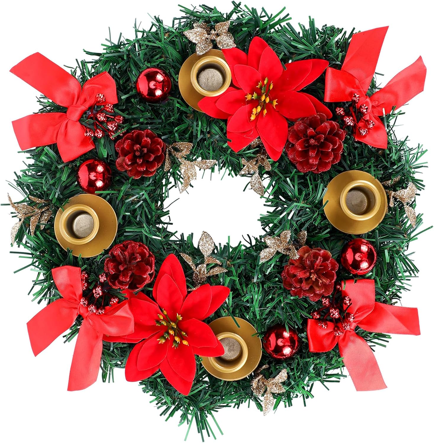 Knitgrip 14 x 14 Inches Ribbon Advent Wreath Candle Holder Christmas Advent Wreath Candle Decor with Bow Ribbon and Gold Ring Holder for Christmas Holiday Decorations(Red)