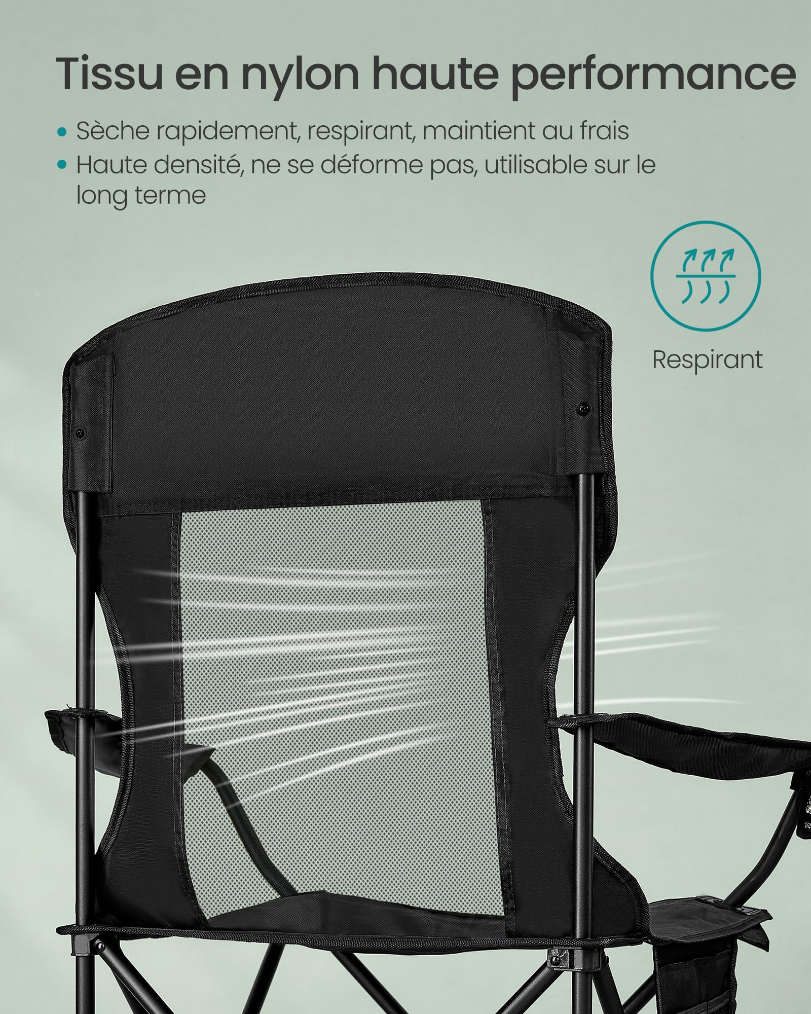 SONGMICS Chaises de Camping Respirantes, Lot de 2, Pliantes, Dossier Haut, Accoudoirs Réglables, Porte-Gobelet, Supporter Jusqu'à 150 kg, pour Jardin, Sport en Plein Air, Noir d'encre GCB028B02