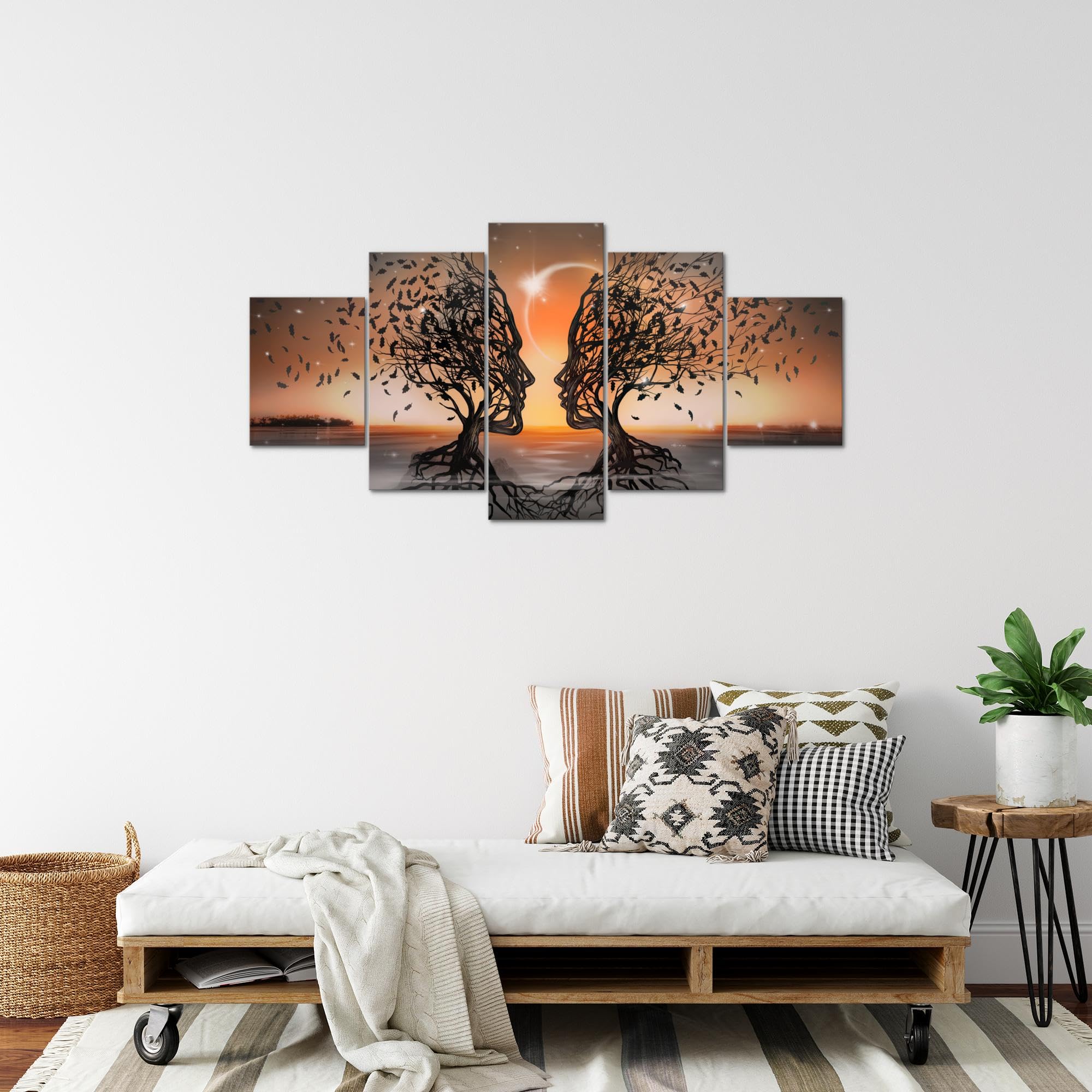 Runa Art Couple d'amoureux Tableau Murale Impression sur Toile Intissee 5 Parties Abstrait Arbre Orange Chambre Salle 044853c