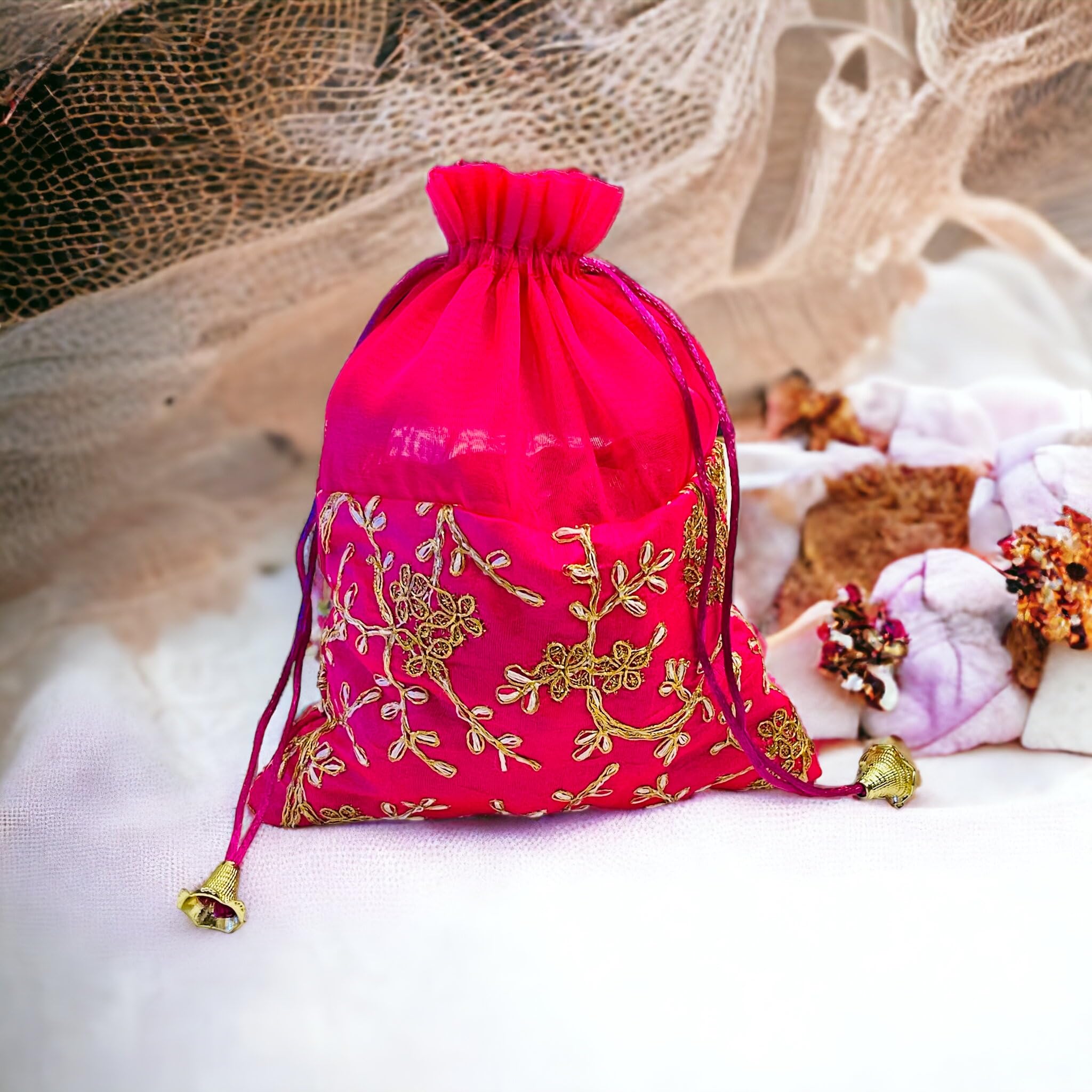 KRIWIN Pack of Ten pcs Women's Silk Drawstring Closure Embroided Big Size Gift Potli Bags Pouches(23 X 18 cm;Magenta) (10) 4