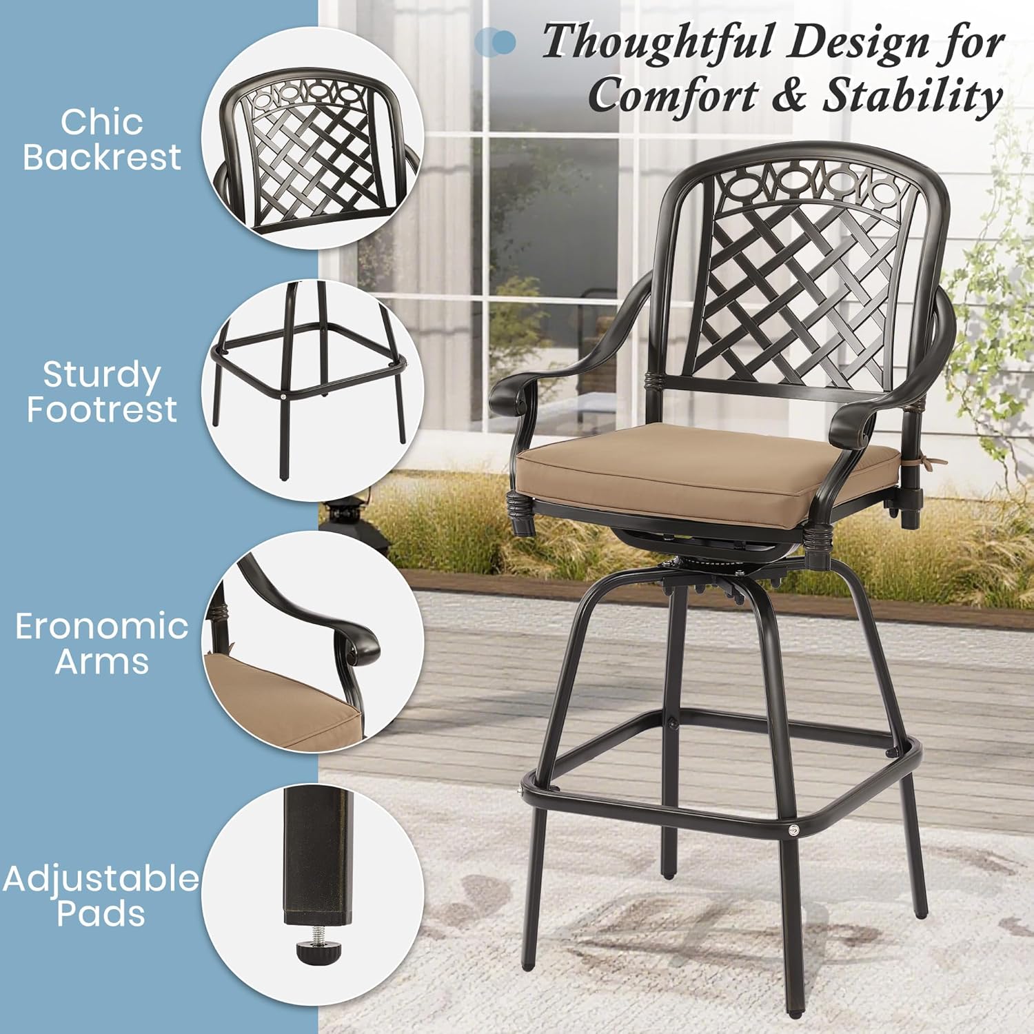 Cast Aluminum Swivel Bar Stools, All-Weather Patio Height Bartools Chair Sets with Cushions for Garden, Backyard, Poolside, Bistro (2 Pieces)