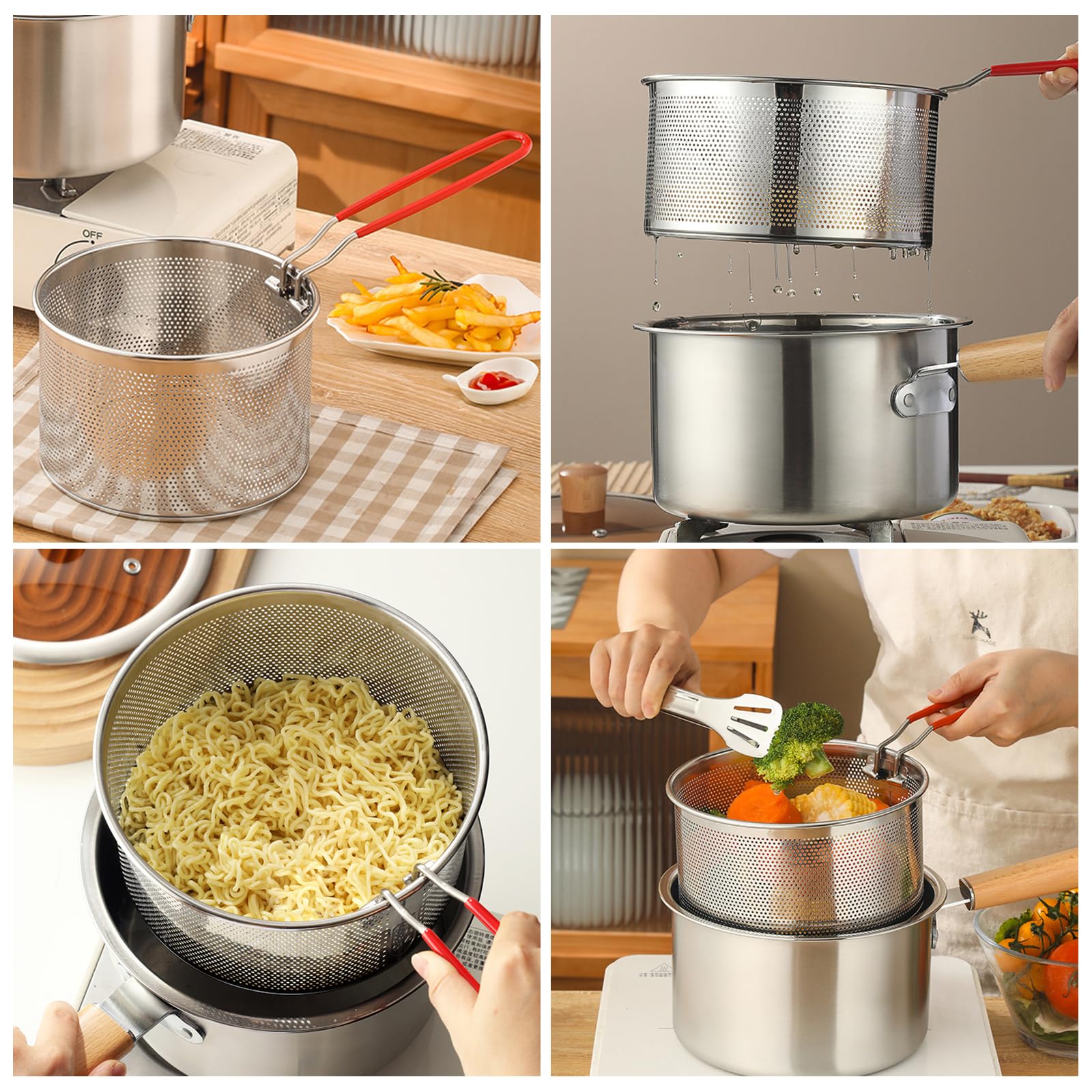 2 Pcs Cestini per Alimenti in Acciaio Inox con Manico Cestello per Friggitrice in Metallo Cesto Scolapasta da Cucina Cestini Divisori Pasta per Lavare Drenare Friggere Vapore(18cm, 20 cm)